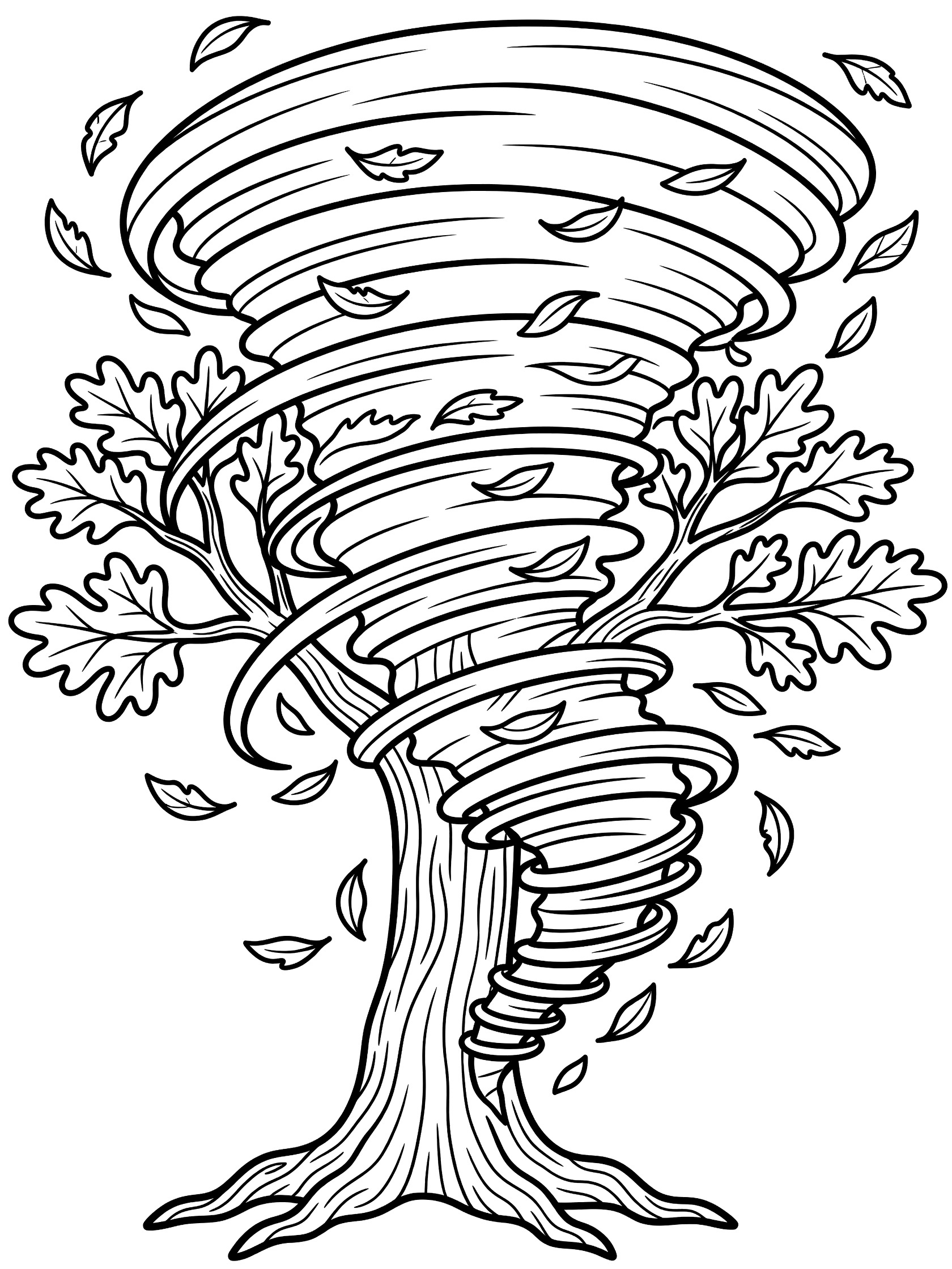 Black and white line art coloring page showing a tornado funnel wrapping around a tall tree trunk with bending branches and scattered leaves.
