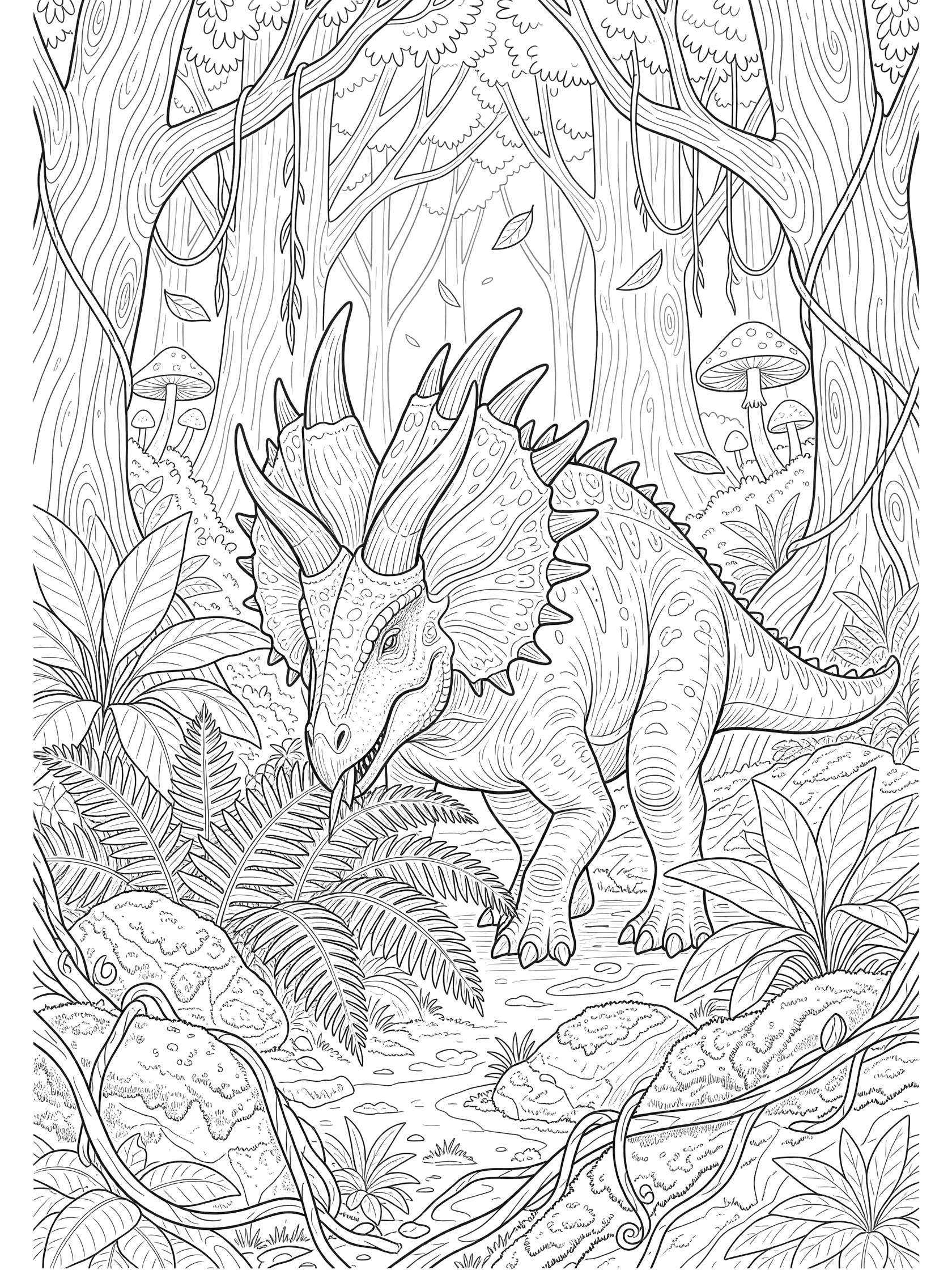 Detailed line art coloring page showing a Torosaurus dinosaur foraging on plants in a prehistoric forest with ferns, vines, trees, mushrooms and rocks