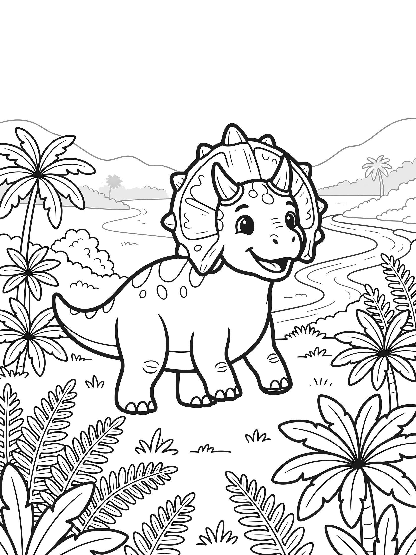 Cute cartoon Torosaurus dinosaur walking on four legs with one foot lifted, big eyes, smile, ornate frill with horns, surrounded by ferns, plants, misty hills, and winding river - black and white line art coloring page