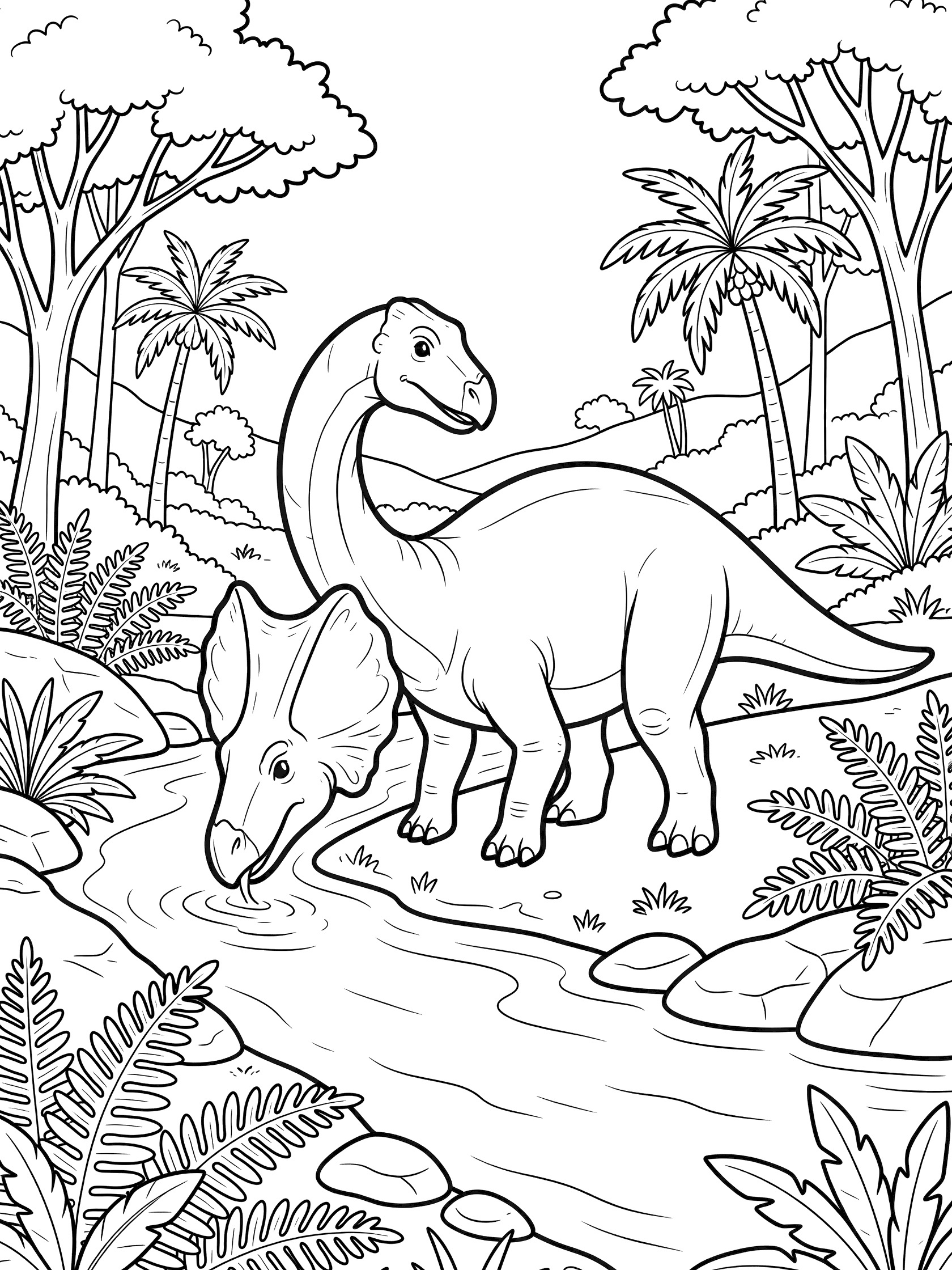 Torosaurus with large frill bending to drink from a flowing river, surrounded by lush ferns, tall palm trees, and smooth rocks in a sunny valley, line art coloring page.