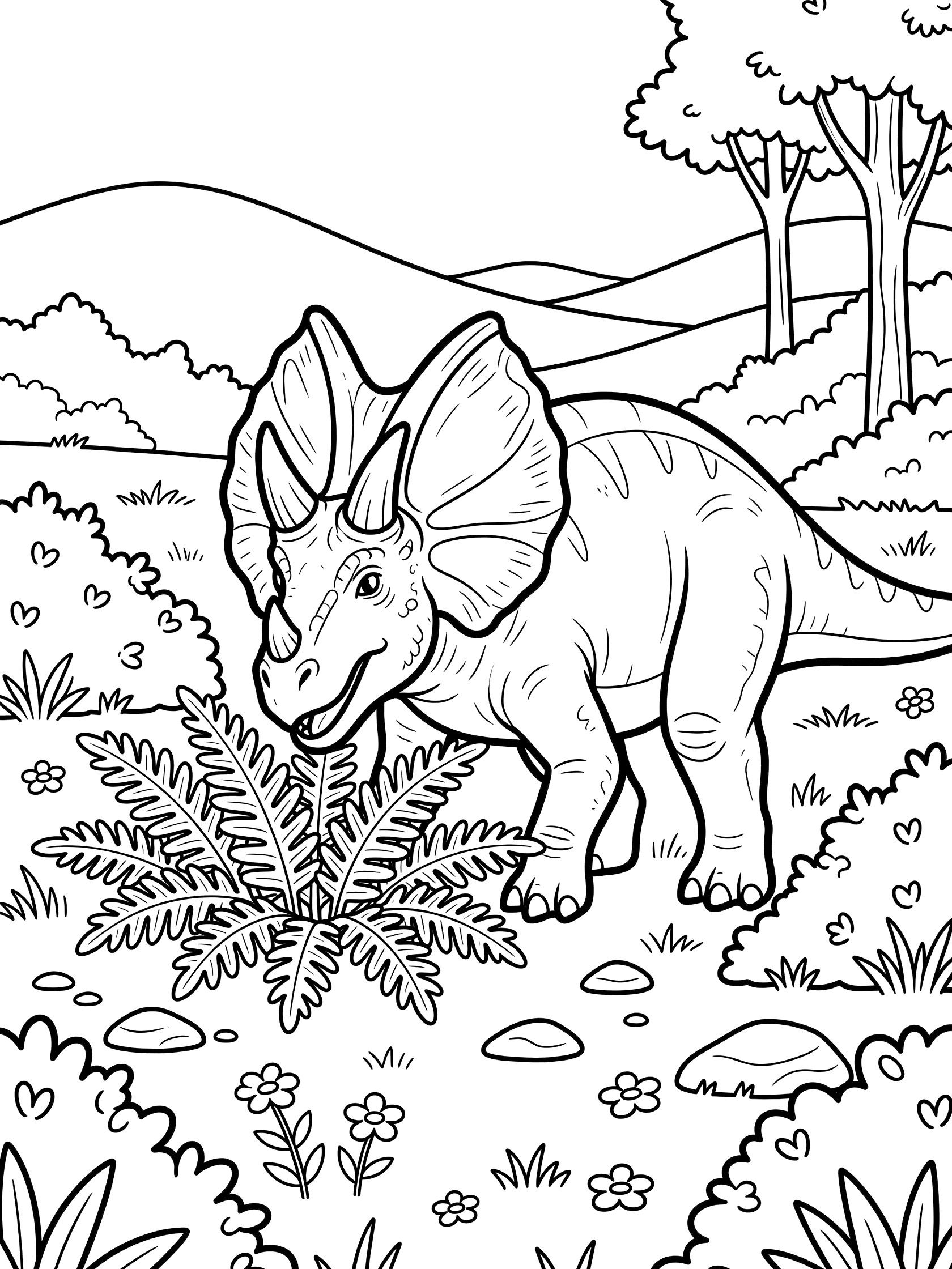 Torosaurus dinosaur bending to graze on ferns and bushes in a prehistoric meadow with rolling hills, tall trees, rocks and flowers, bold line art coloring page