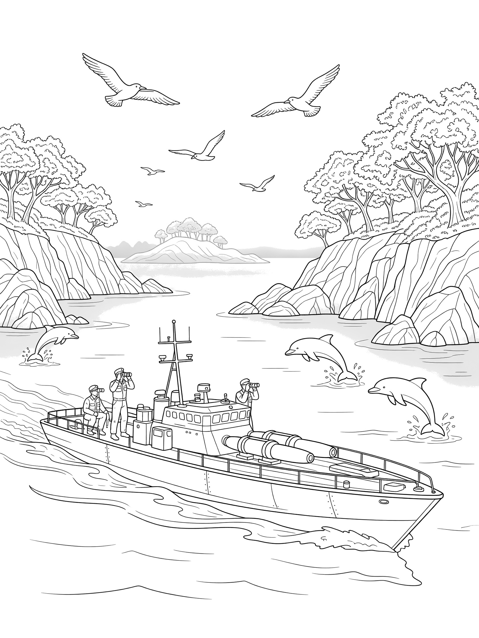 Black-and-white line art of a torpedo boat exploring a serene bay, with crew using binoculars, dolphins jumping nearby, seabirds flying, rocky tree-lined cliffs, and distant islands.
