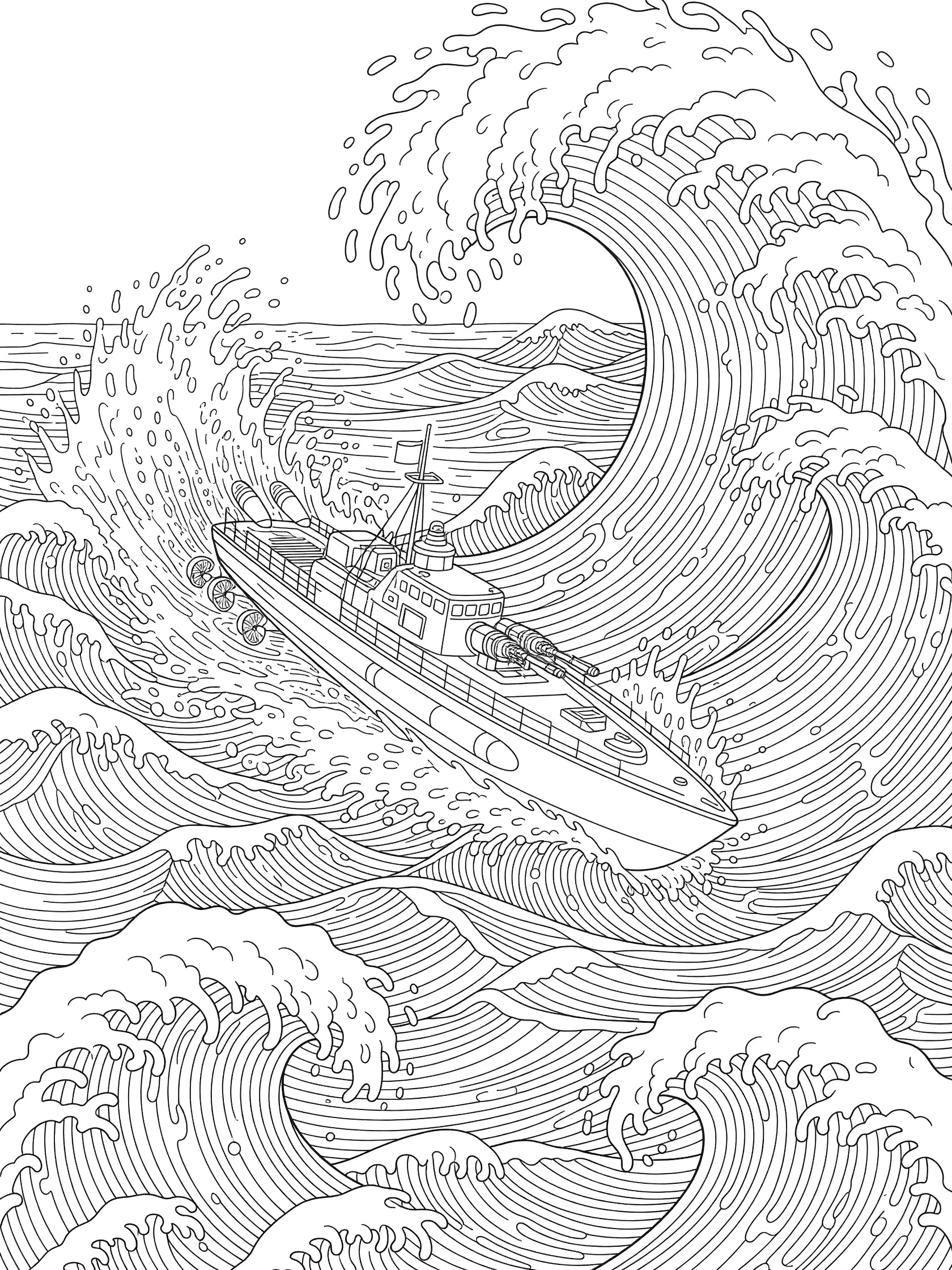 Black and white line art of a torpedo boat racing at high speed through big ocean waves with spray and foam