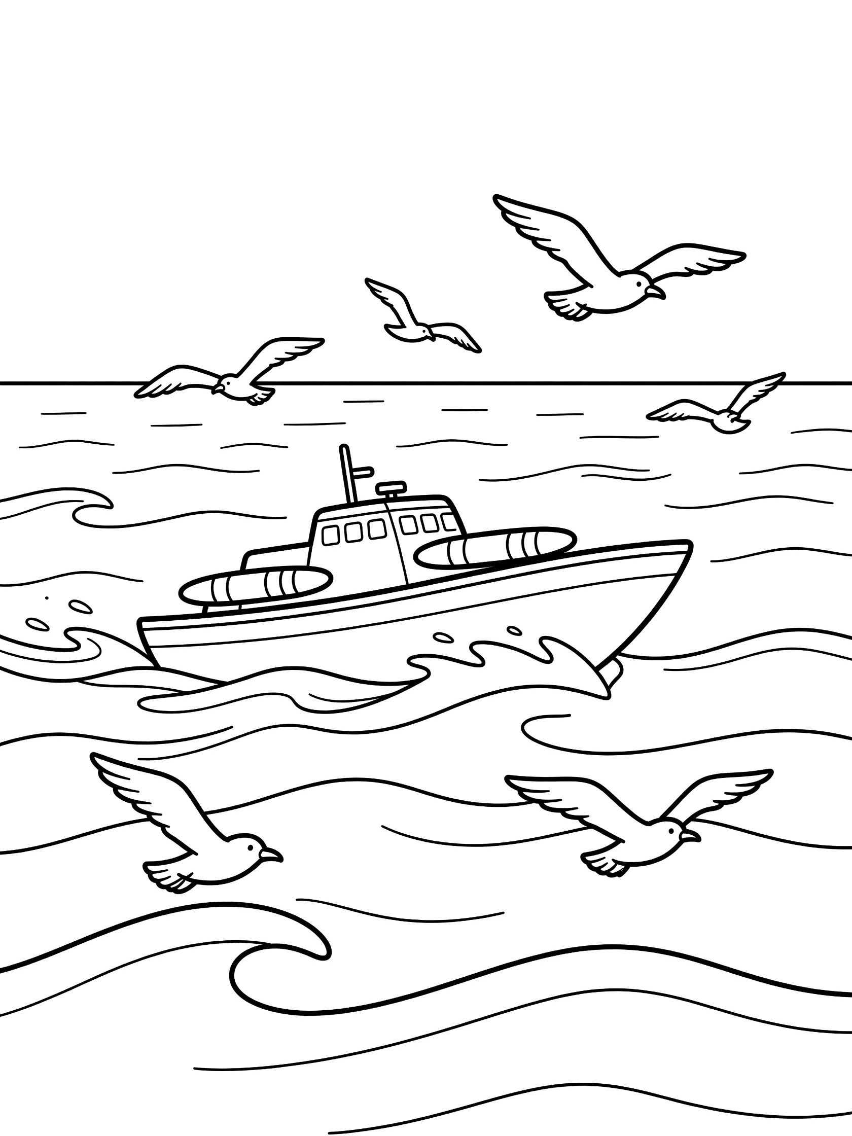 Printable coloring page showing a torpedo boat with torpedo tubes on choppy ocean waves and seagulls flying overhead