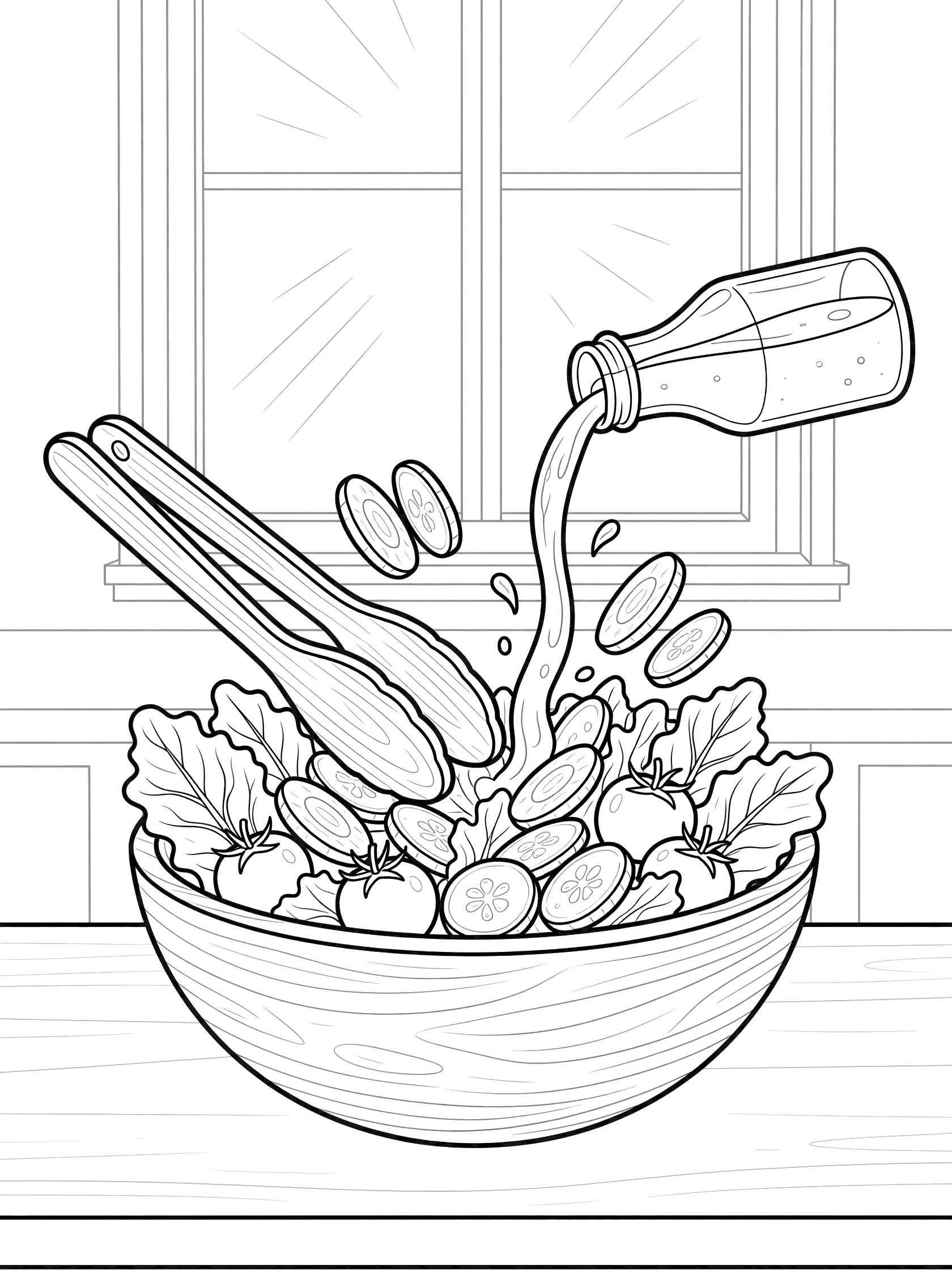 Line art coloring page showing a salad in a wooden bowl on a kitchen counter with lettuce, tomatoes, cucumbers, carrots, wooden tongs tossing veggies, and a bottle pouring dressing