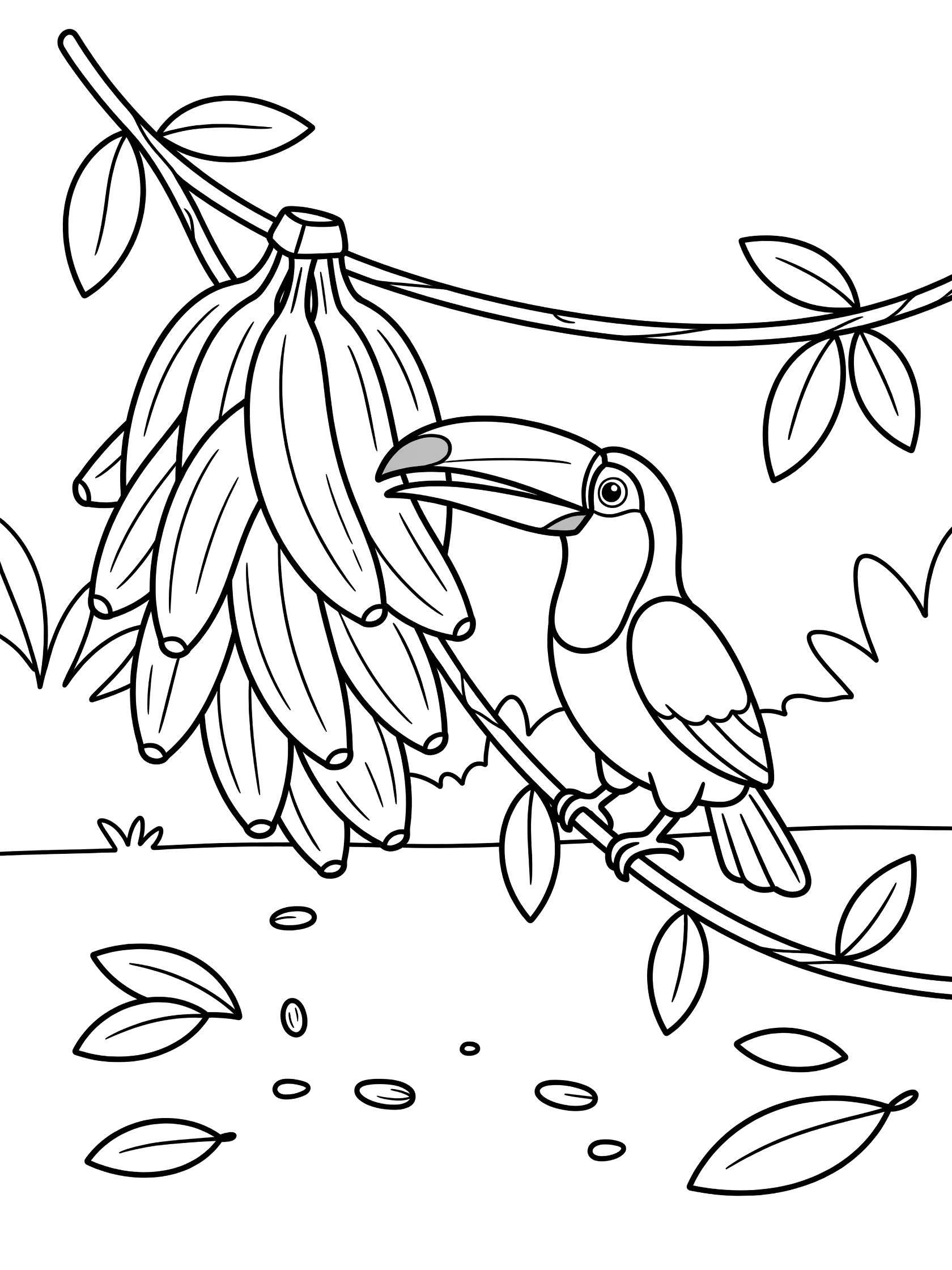 Black and white line art coloring page showing a toucan bird with a big beak pecking at a hanging bunch of bananas on a vine, surrounded by leaves and scattered seeds.