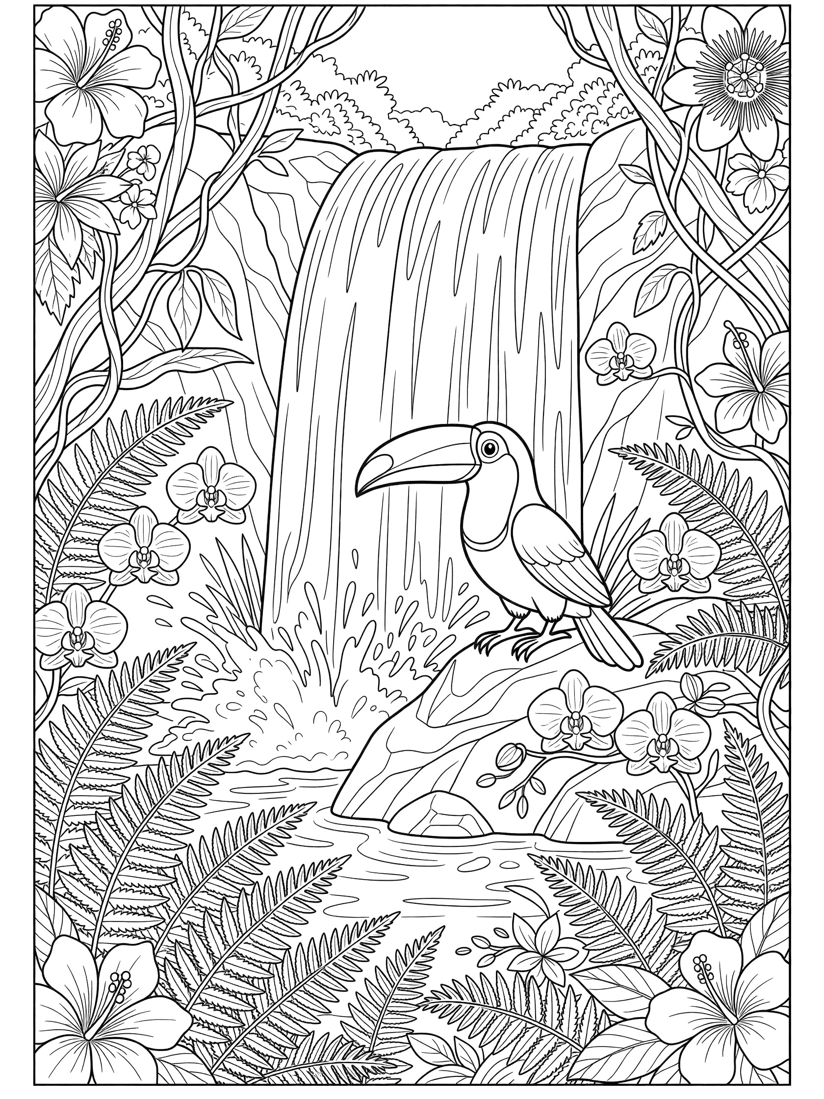 Black and white coloring page of a toucan bird on a rock next to a cascading waterfall surrounded by ferns, orchids, twisting vines and blooming flowers.