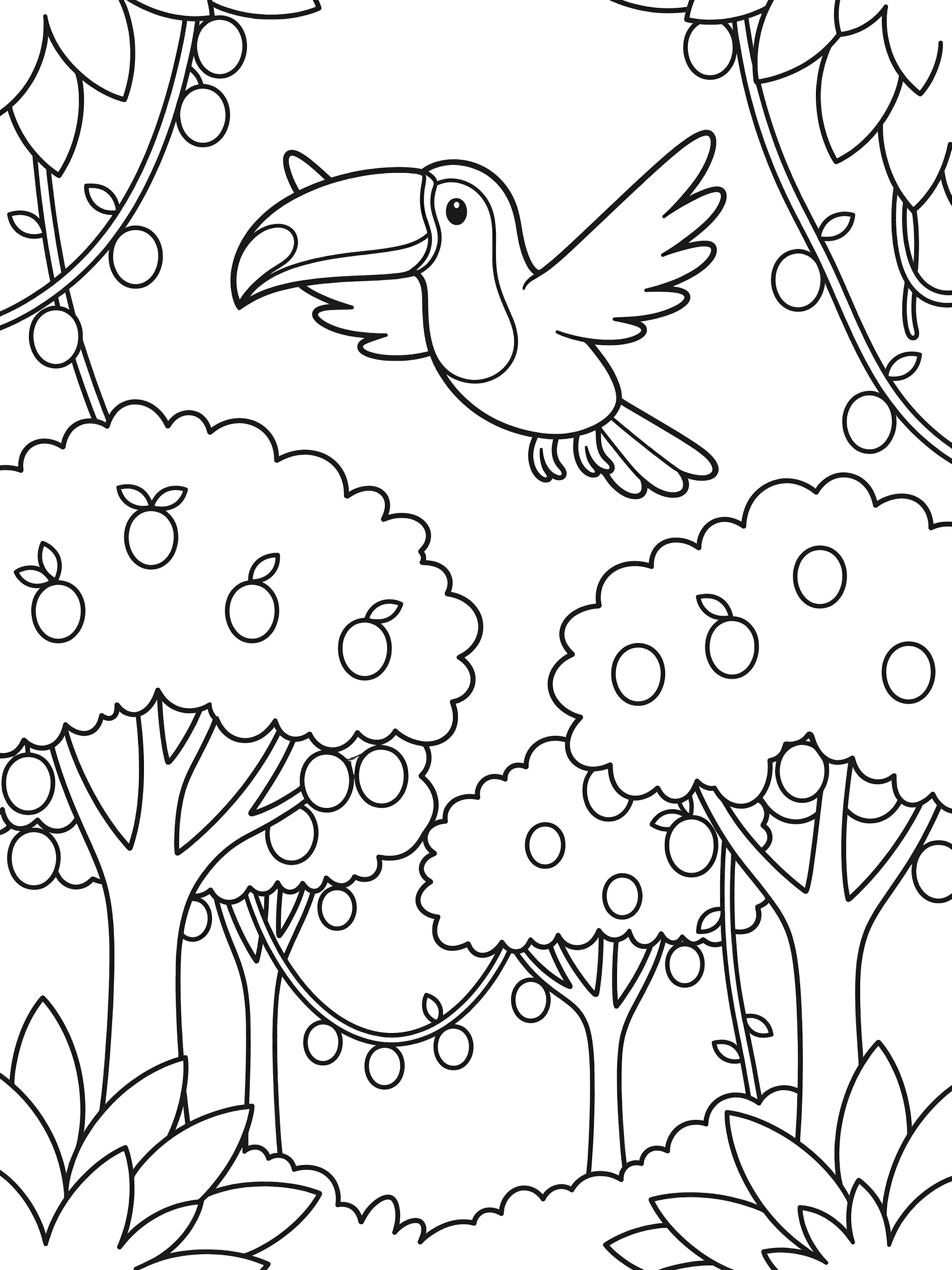 Black and white line art coloring page showing a friendly toucan with large curved beak flying over jungle trees covered in round fruits, broad leaves, and vines. South America Jungle themed black and white printable line art
