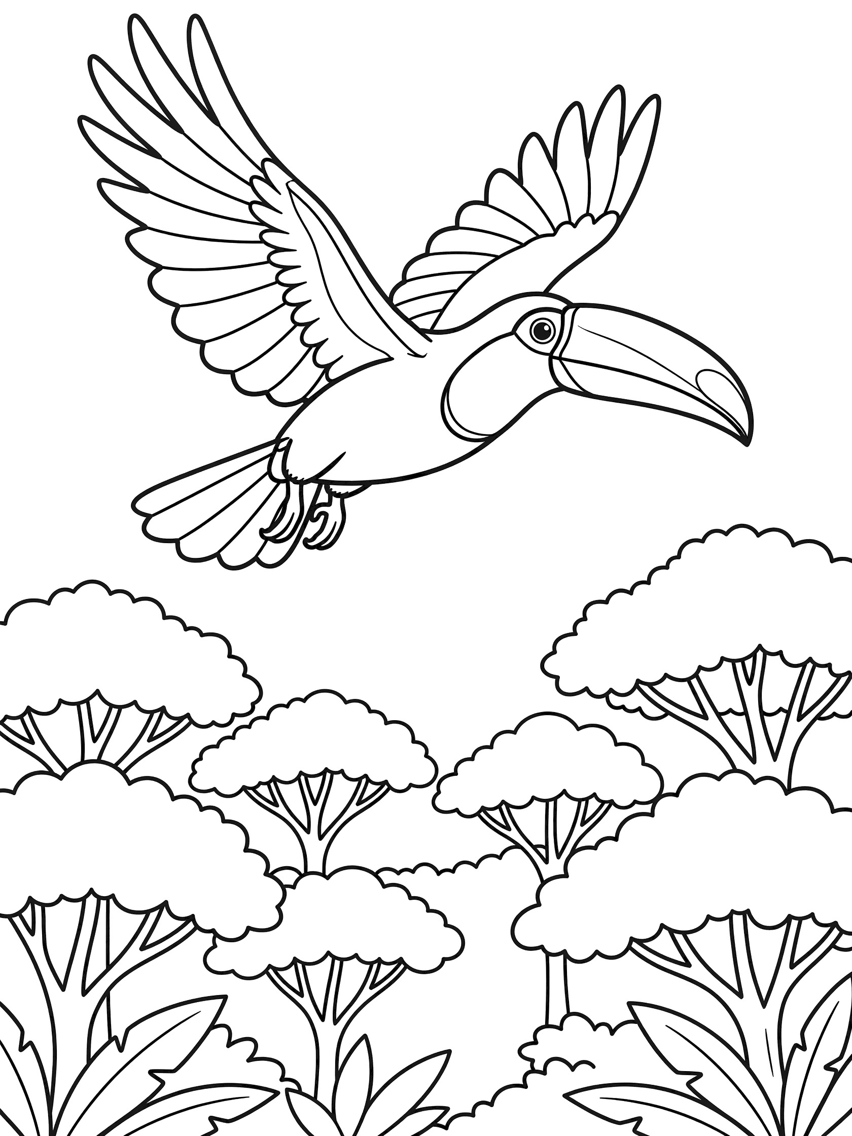 Black and white line art coloring page showing a toucan with large beak and spread wings flying above a canopy of rounded jungle tree tops.