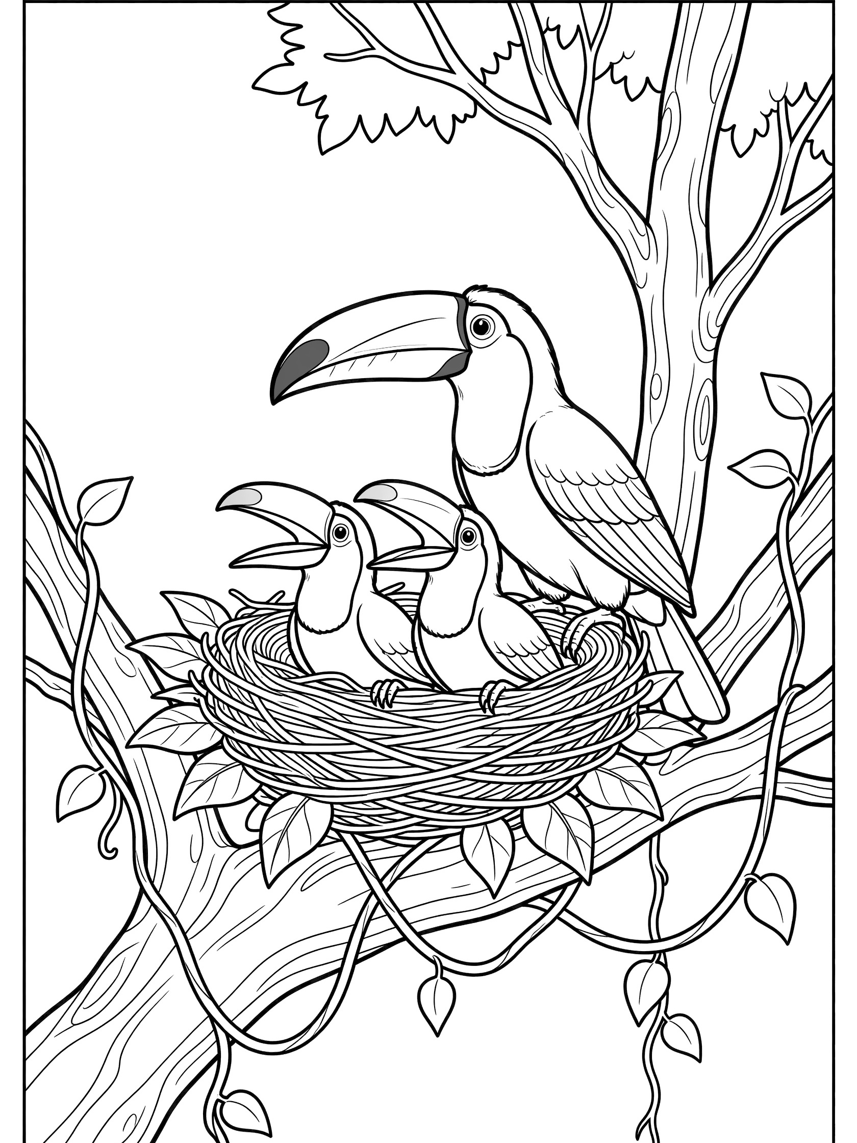 Black and white line art coloring page showing a large toucan parent next to three small baby toucans peeking from a woven nest high on a tree branch surrounded by leaves and vines.
