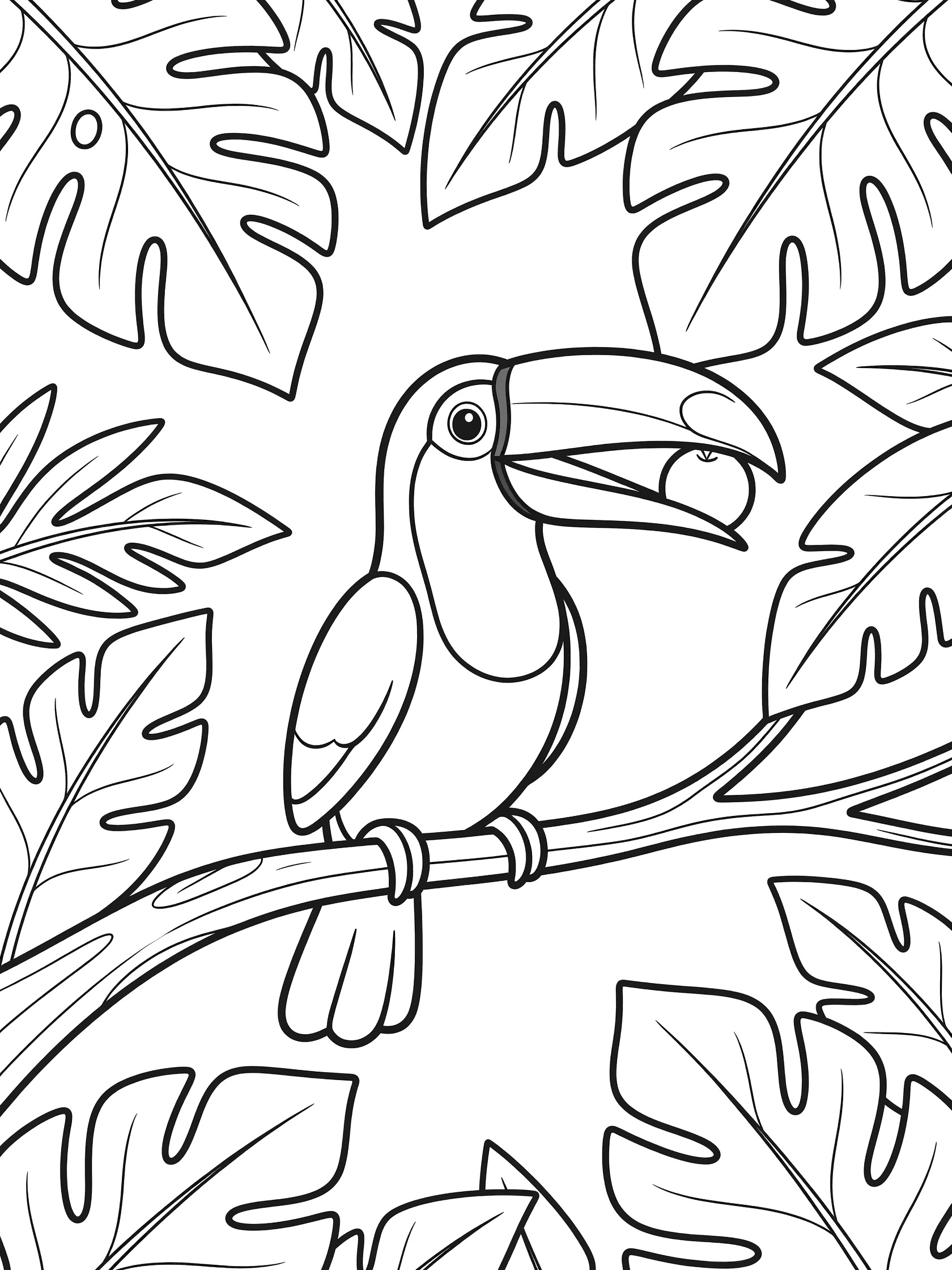 Black and white line art coloring page showing a toucan bird sitting on a tree branch with large leaves around it and a round fruit in its beak.
