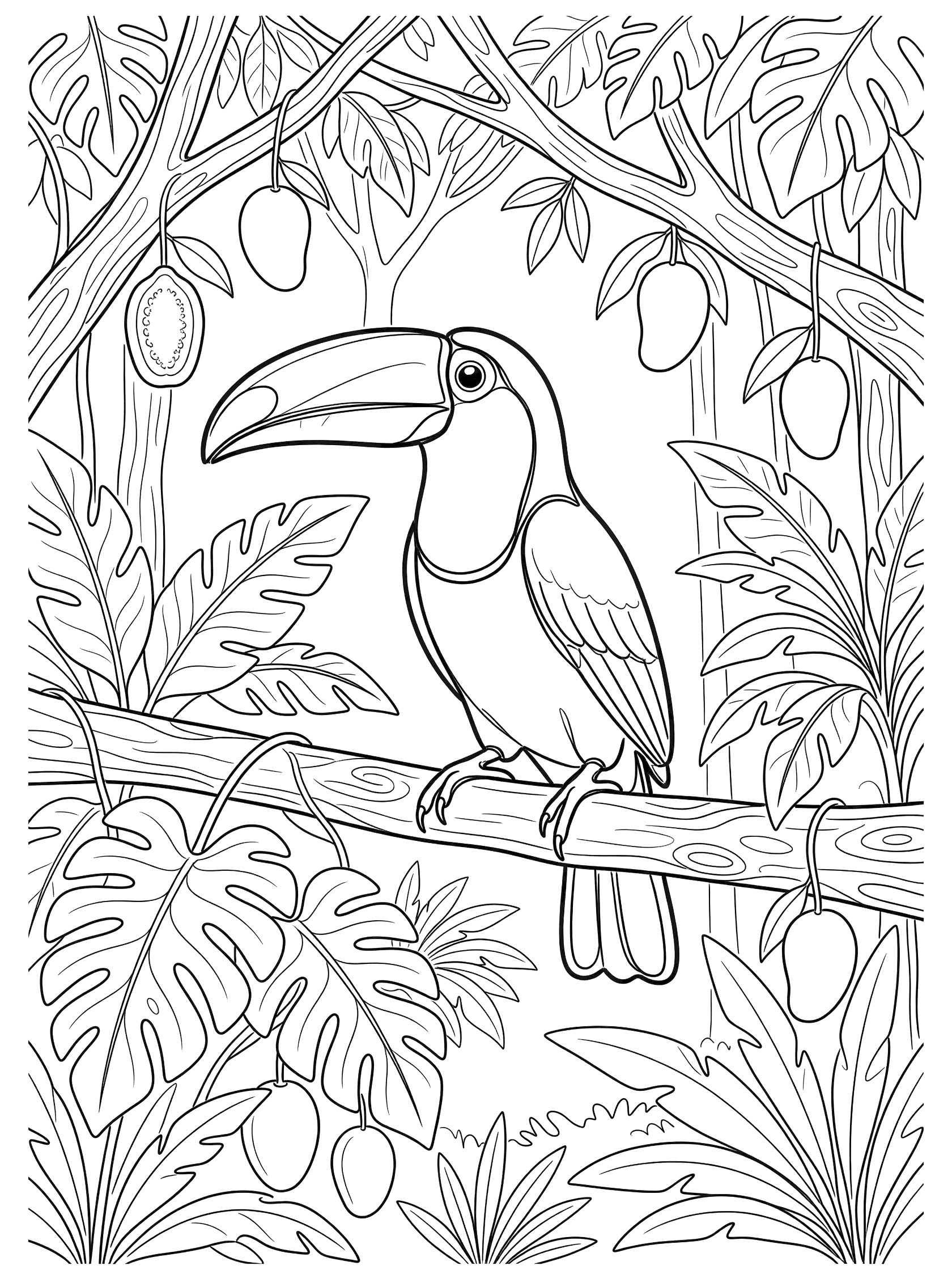 Black and white line art coloring page showing a toucan with large beak sitting on a tree branch surrounded by large leaves and hanging fruits in a jungle scene. Amazon themed black and white printable line art