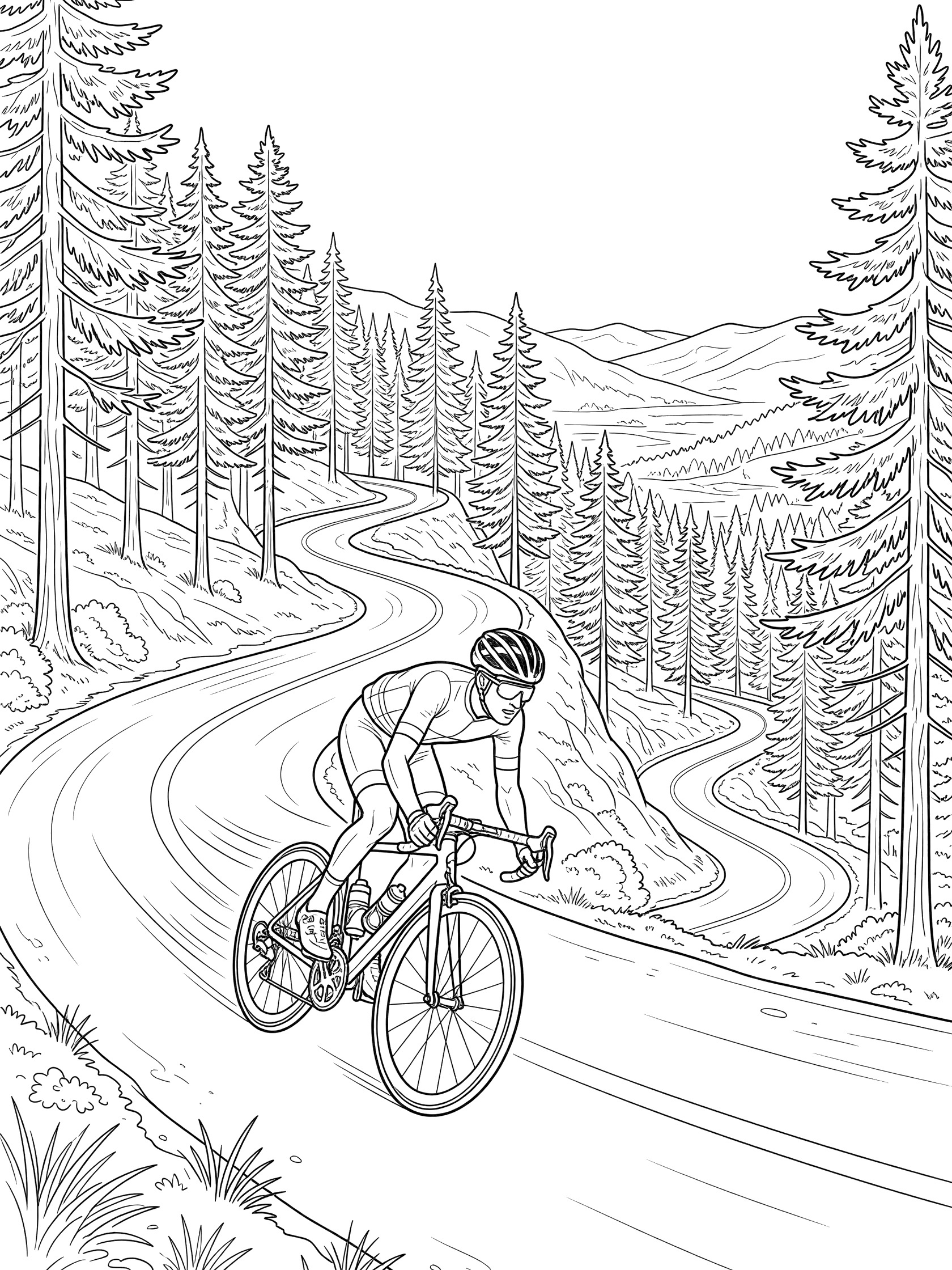 Black-and-white coloring page of a Tour de France cyclist descending a winding forested road, leaning into a turn with trees and distant mountains.