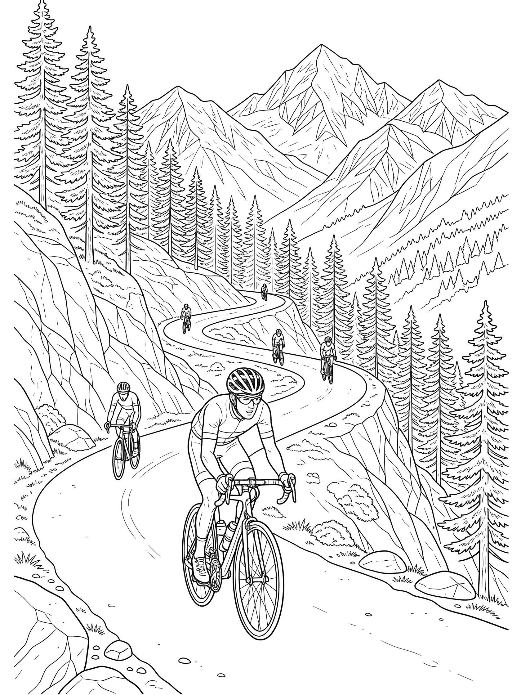 Black and white line art of Tour de France cyclists climbing a steep winding mountain road lined with pine trees and rocky cliffs, snow-capped peaks ahead.