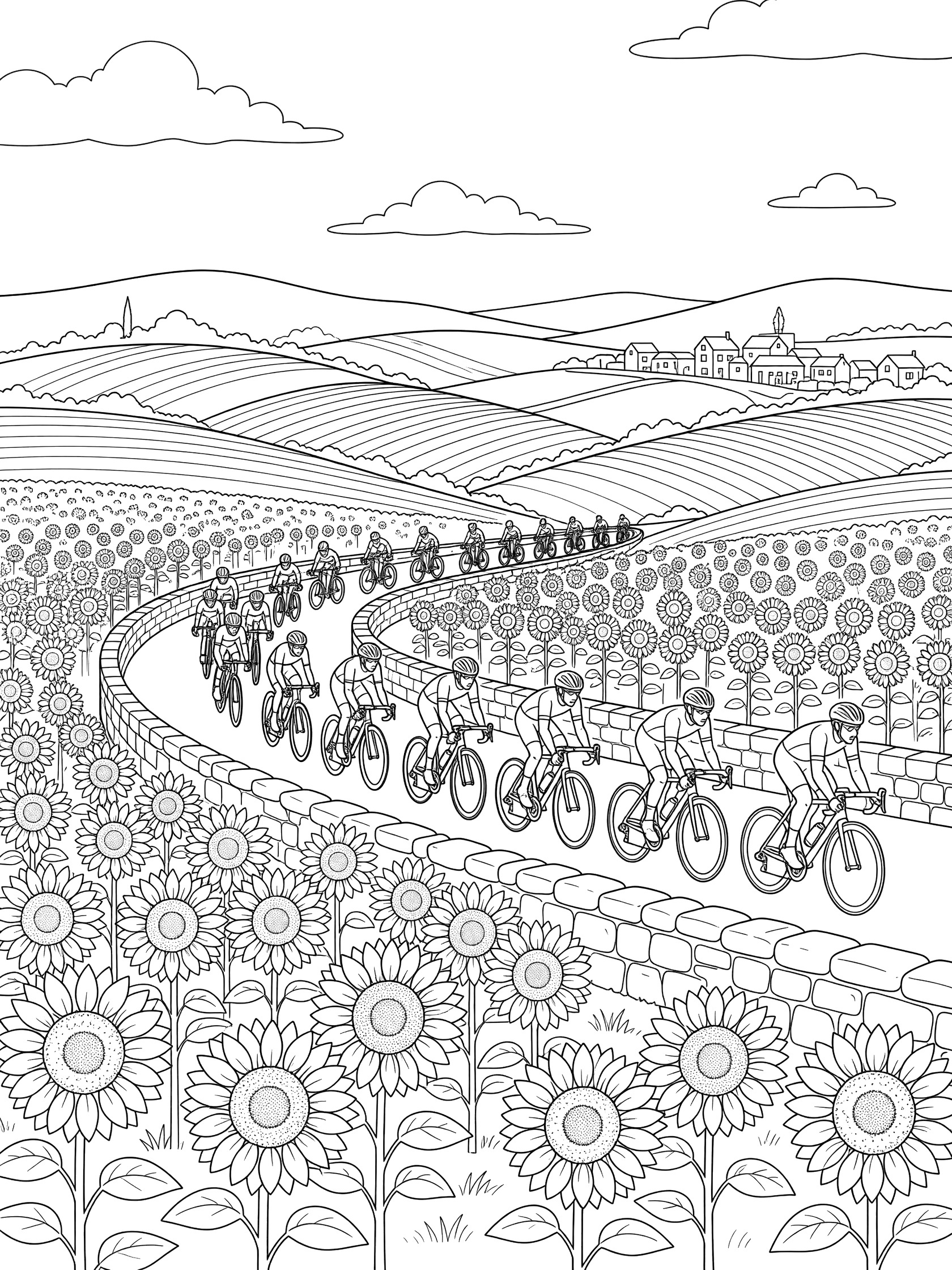 Black-and-white coloring page of Tour de France peloton cyclists riding bikes on a curvy road past sunflower fields, green hills, clouds, and a village under a clear sky.