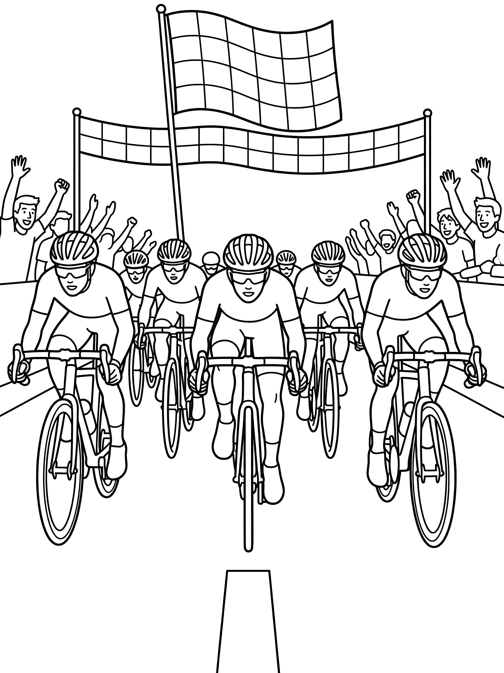 Black and white coloring page of Tour de France cyclists sprinting to a checkered flag finish line with cheering crowd silhouettes