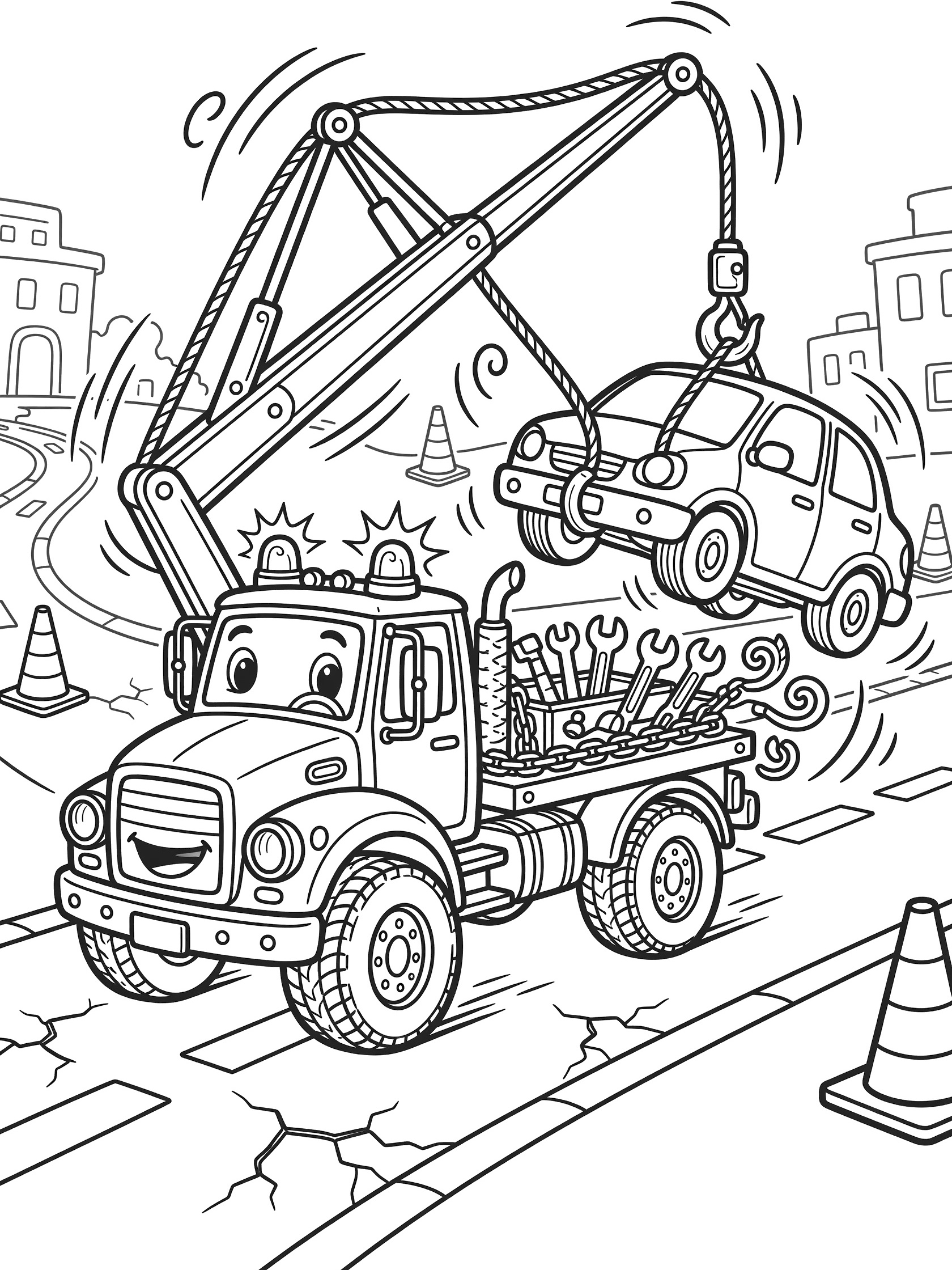 Doodle-style coloring page showing a grinning tow truck with extended boom arm lifting a compact car by the bumper on a cracked road with cones and buildings.
