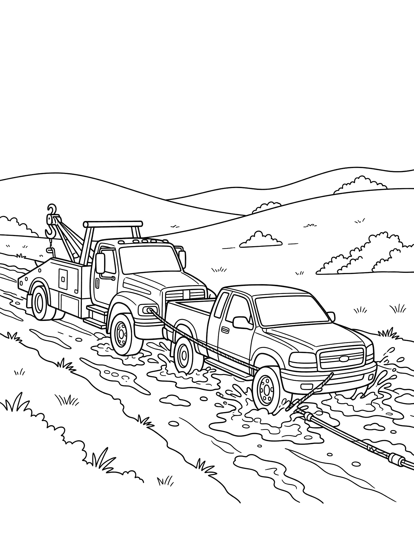Black and white coloring page of a tow truck hooked to a pickup truck stuck in mud, with cable, splatters, hills, and bushes.