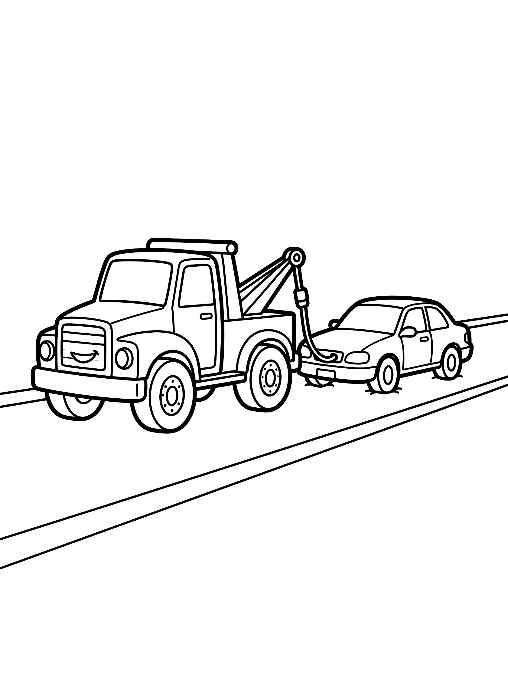 Black and white line art coloring page showing a tow truck with big wheels and hook towing a small car with flat tires along a straight road.