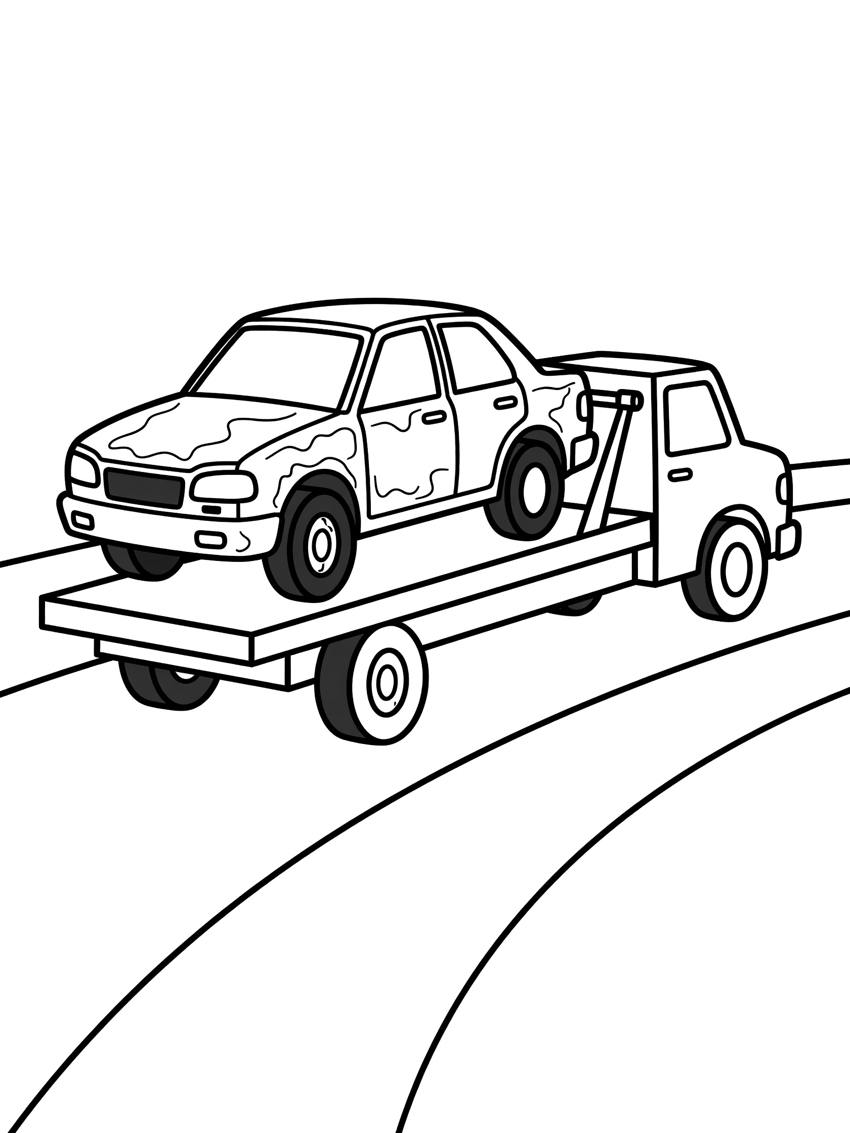 Black and white line drawing of a rusty junk car loaded on a tow truck trailer with wheels and road curve. Junk Cars themed black and white printable line art