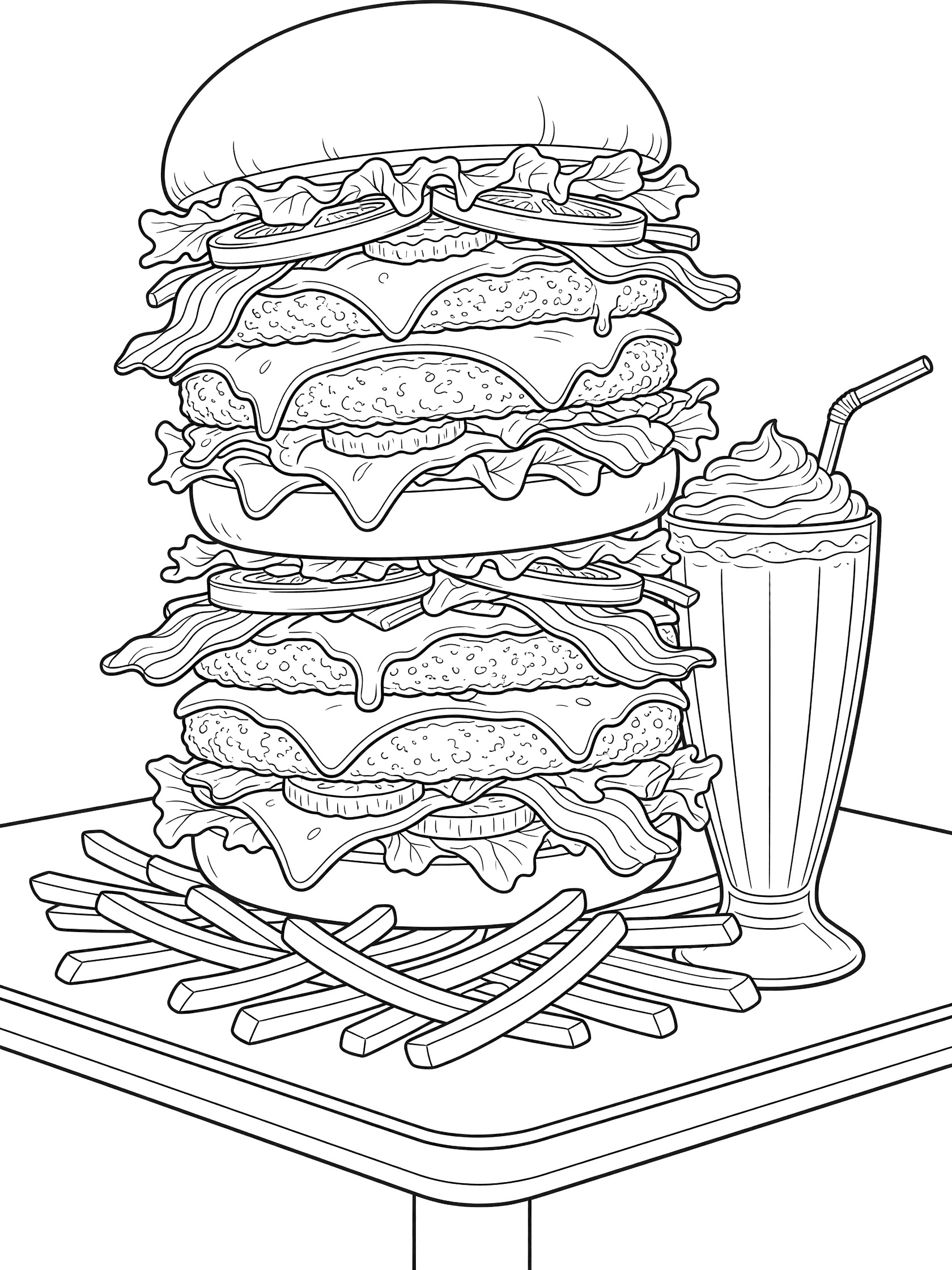 Black and white line art of a tall double cheeseburger with multiple beef patties, melted cheese slices, bacon strips, lettuce, tomatoes between big buns, surrounded by french fries and a milkshake on a table.