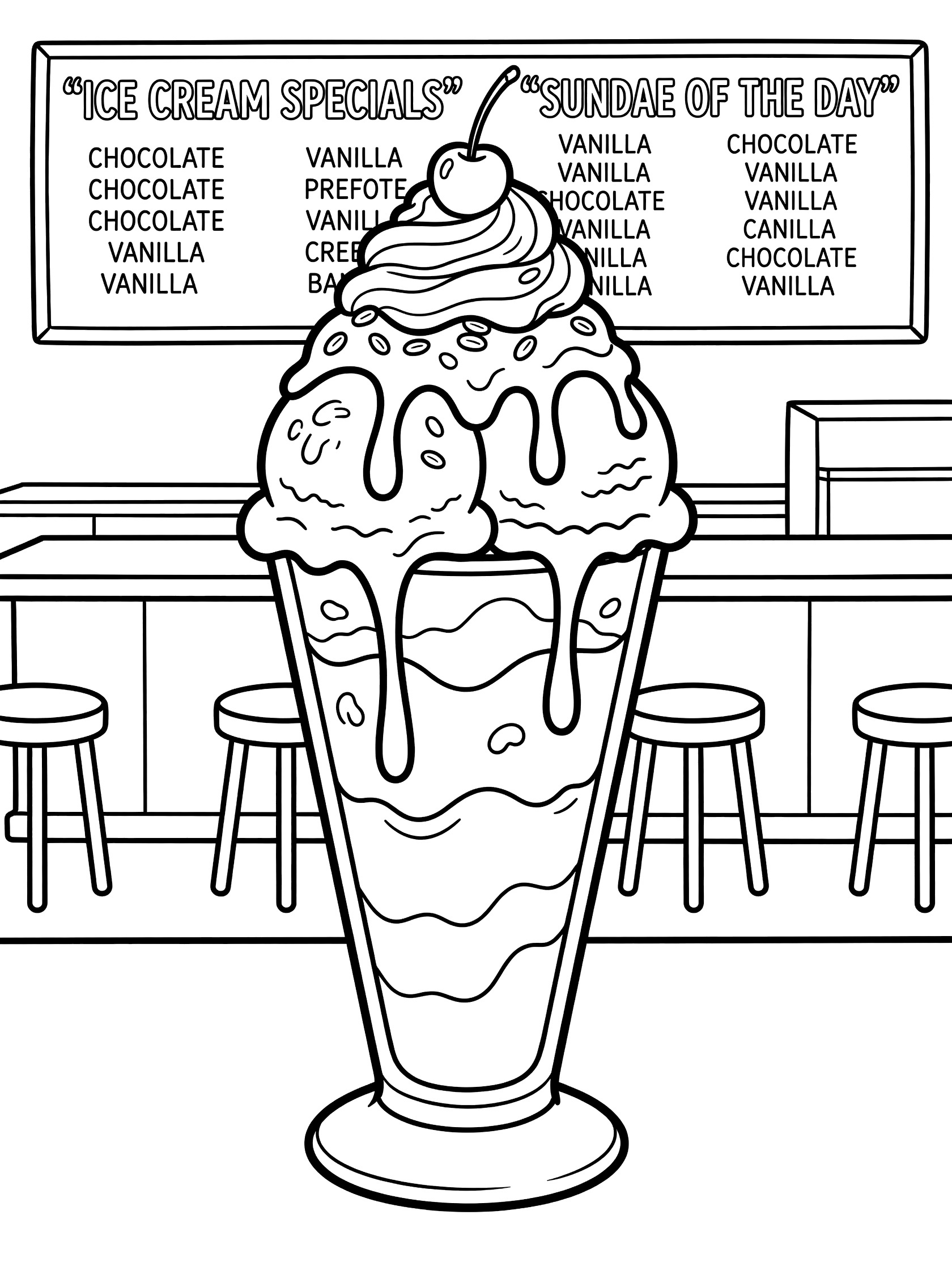 Black and white line art of a tall glass sundae stacked with ice cream scoops, topped with whipped cream, nuts, drips, and cherry on an ice cream parlor counter with stools and menu board.