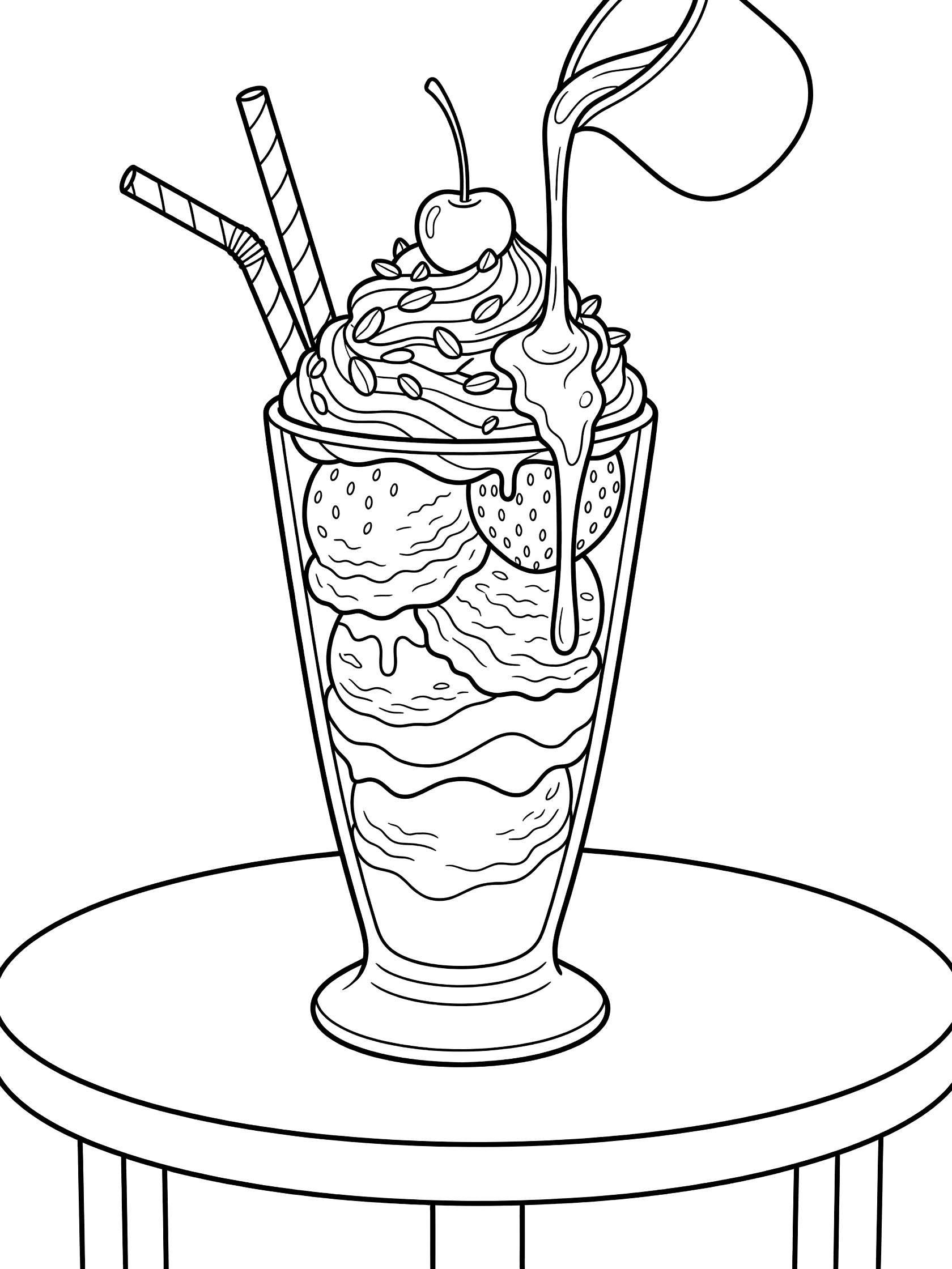 Black and white line art of a tall ice cream sundae glass on a cafe table with ice cream scoops, whipped cream, nuts, cherry, pouring chocolate sauce, and straws poking out