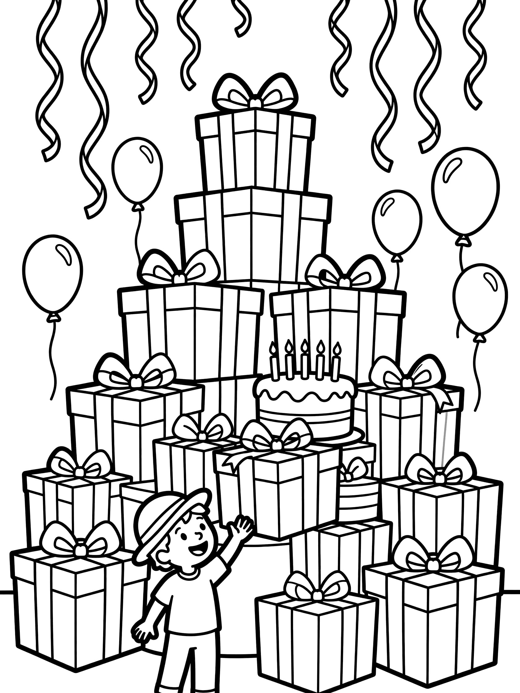 Coloring page showing a huge stack of wrapped birthday presents like a mountain, with excited child in hat at the base, birthday cake, balloons and streamers.