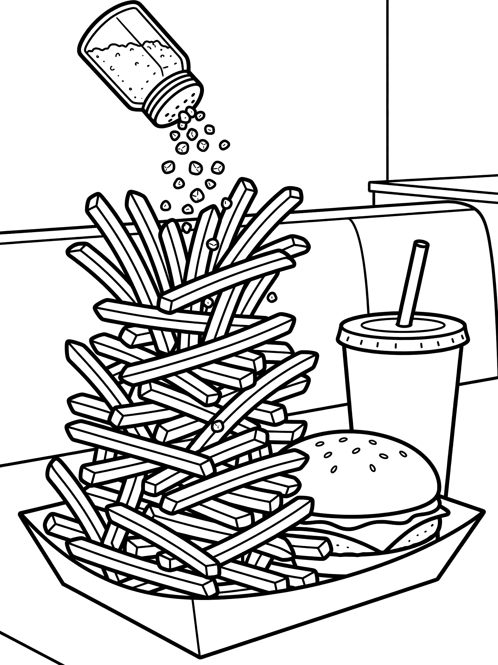 Black and white coloring page of a tall wobbly tower of french fries on a paper tray next to a burger and empty cup with salt shaker sprinkling on top.