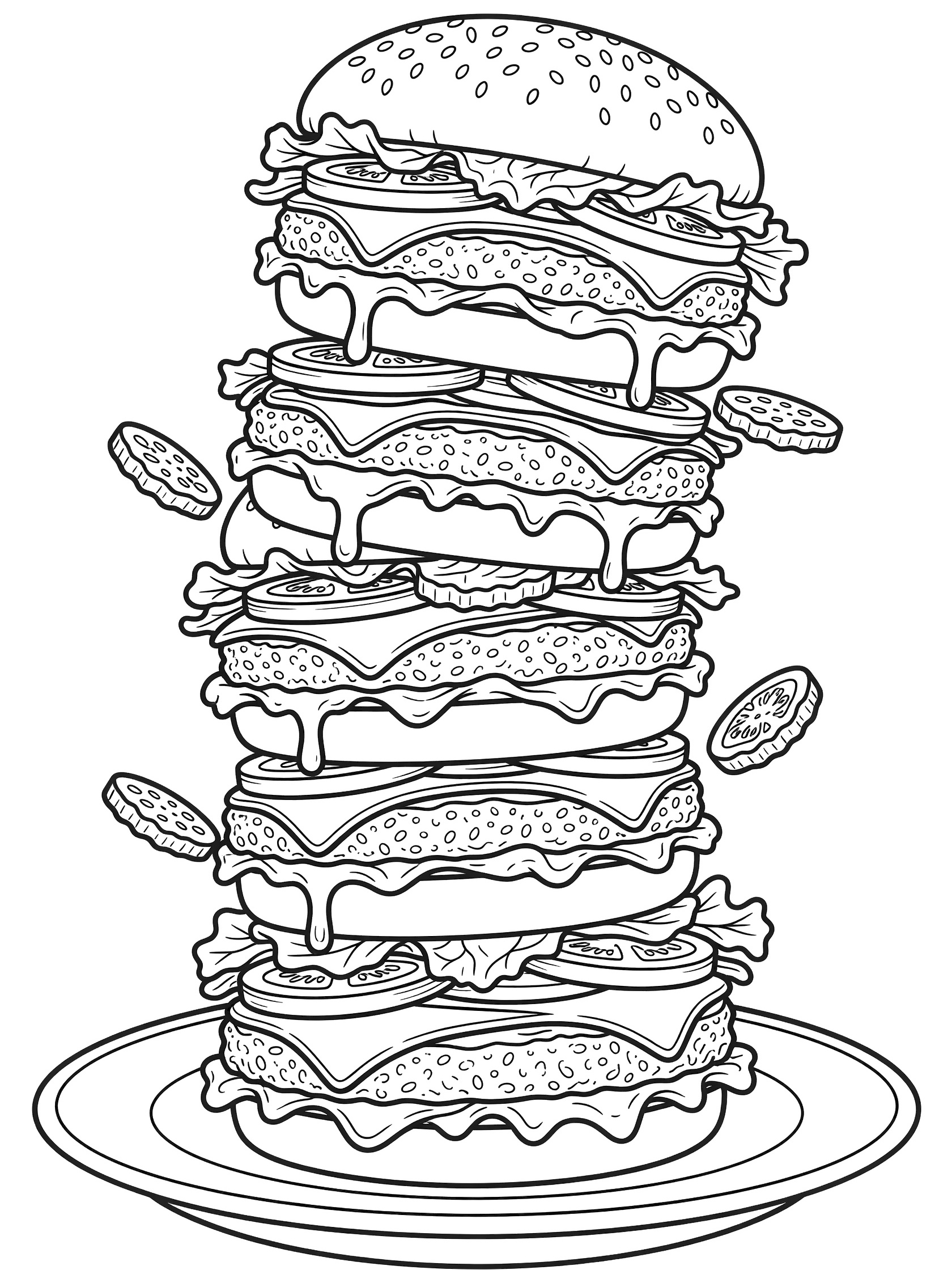 Black and white line art of a precarious towering hamburger stack with multiple buns, beef patties, oozing cheese, lettuce, tomato slices, pickles, and sesame seeds on a plate.