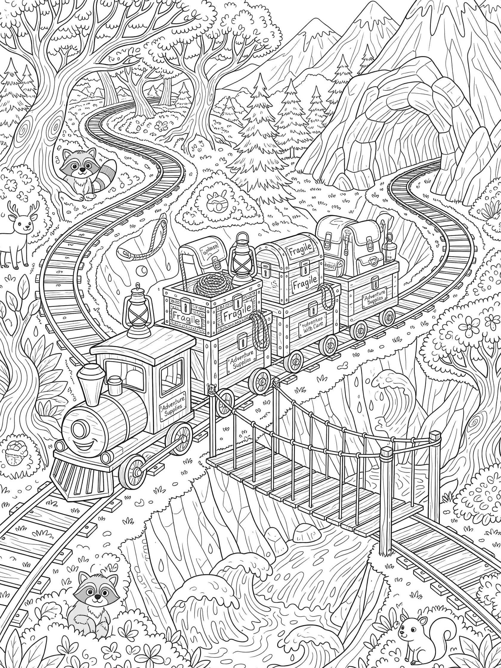 Black and white line art of a grinning toy cargo train with three freight cars full of treasure chests, lanterns, ropes, and explorer backpacks chugging on a winding track through mountains, forest, bridge, and tunnel.