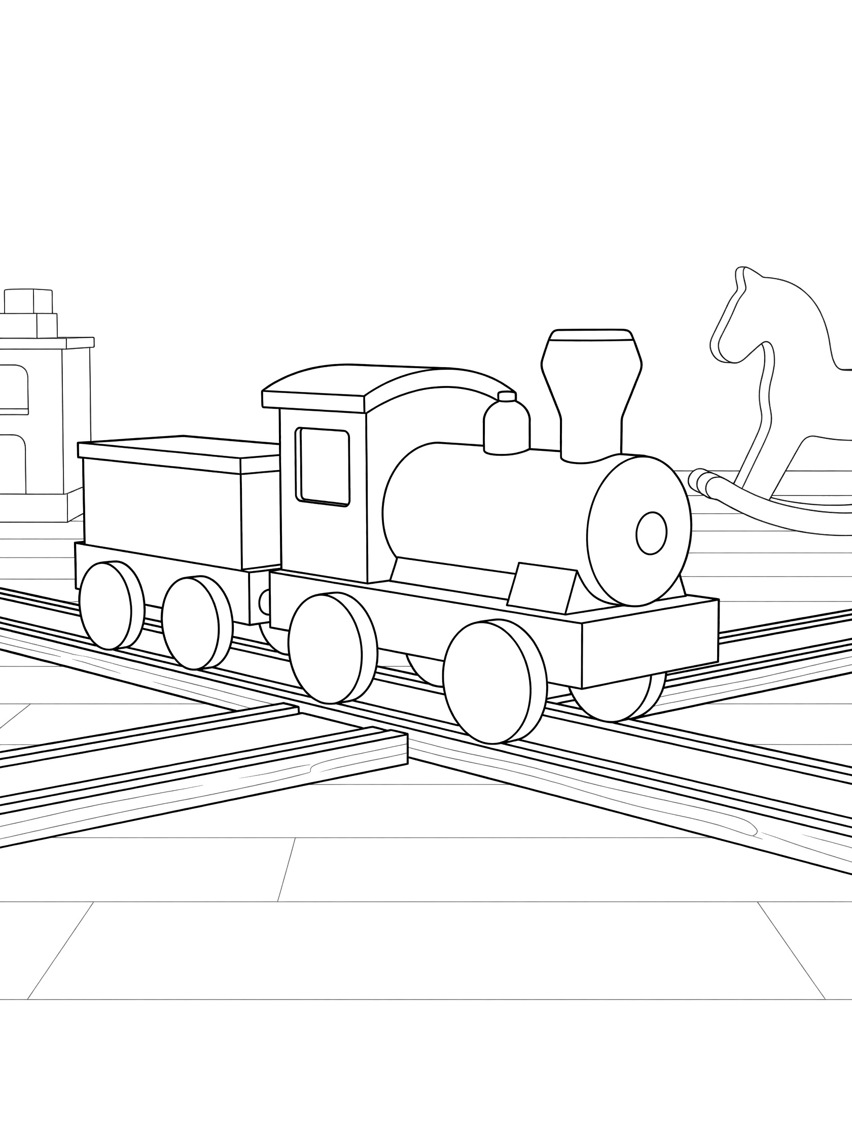 Printable coloring page showing a wooden toy train with engine, tender, and large wheels on straight tracks crossing on a floor with a rocking horse nearby. Toy Trains themed black and white printable line art