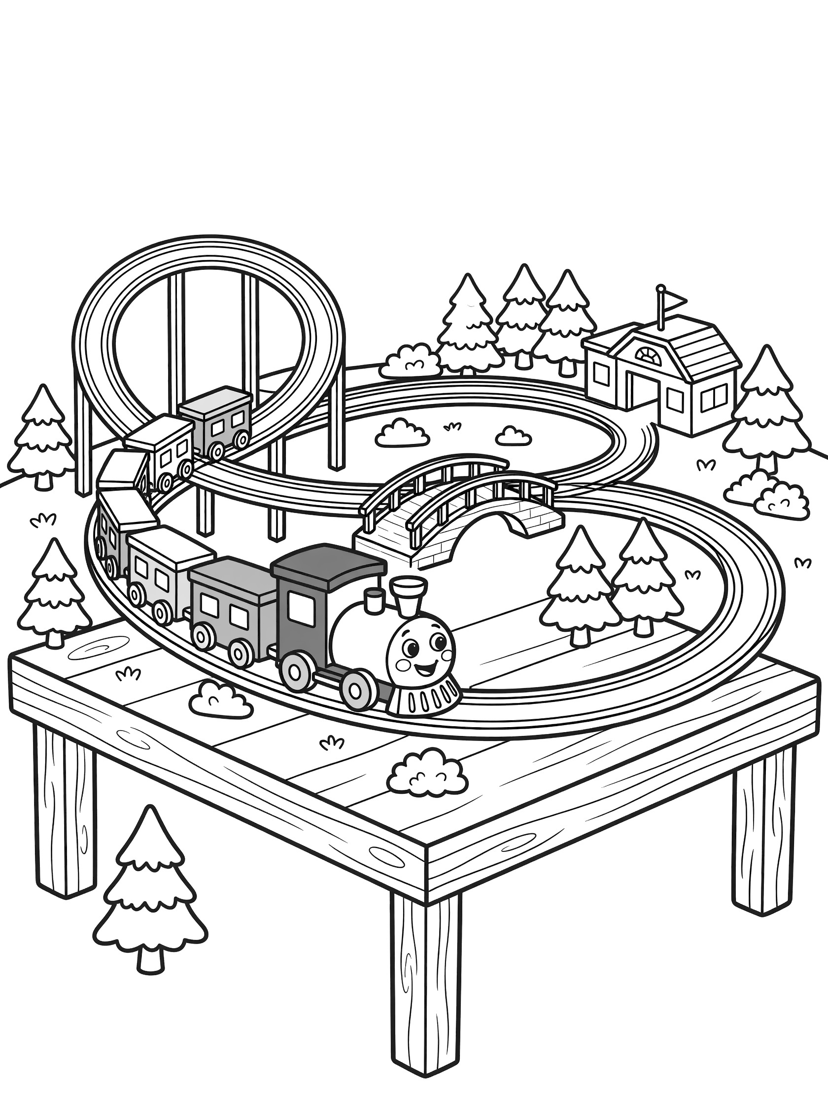 Cute cartoon toy trains on a wooden play table with looping figure-eight track, elevated loops, small bridge, toy trees, and station coloring page