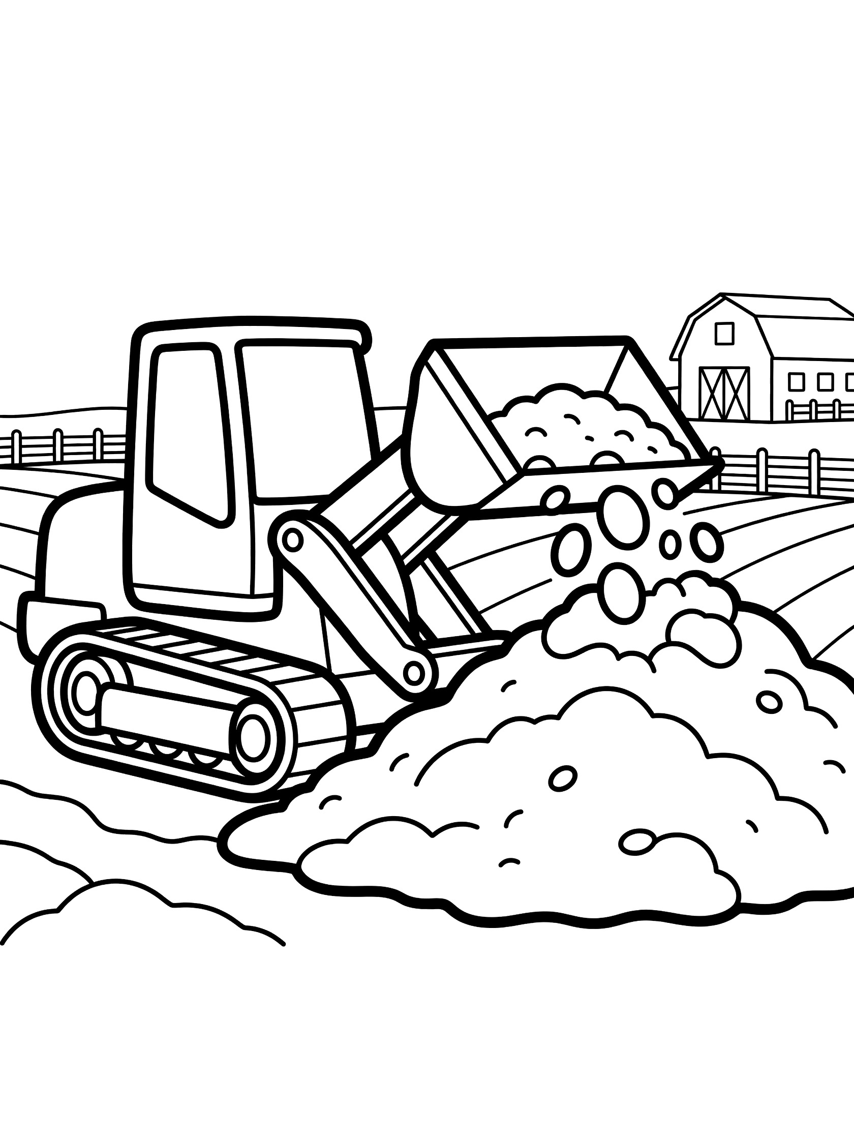 Simple line art coloring page showing a track loader with front bucket dumping soil onto a large rounded dirt mound in a farm field, wooden fence and distant barn in background.