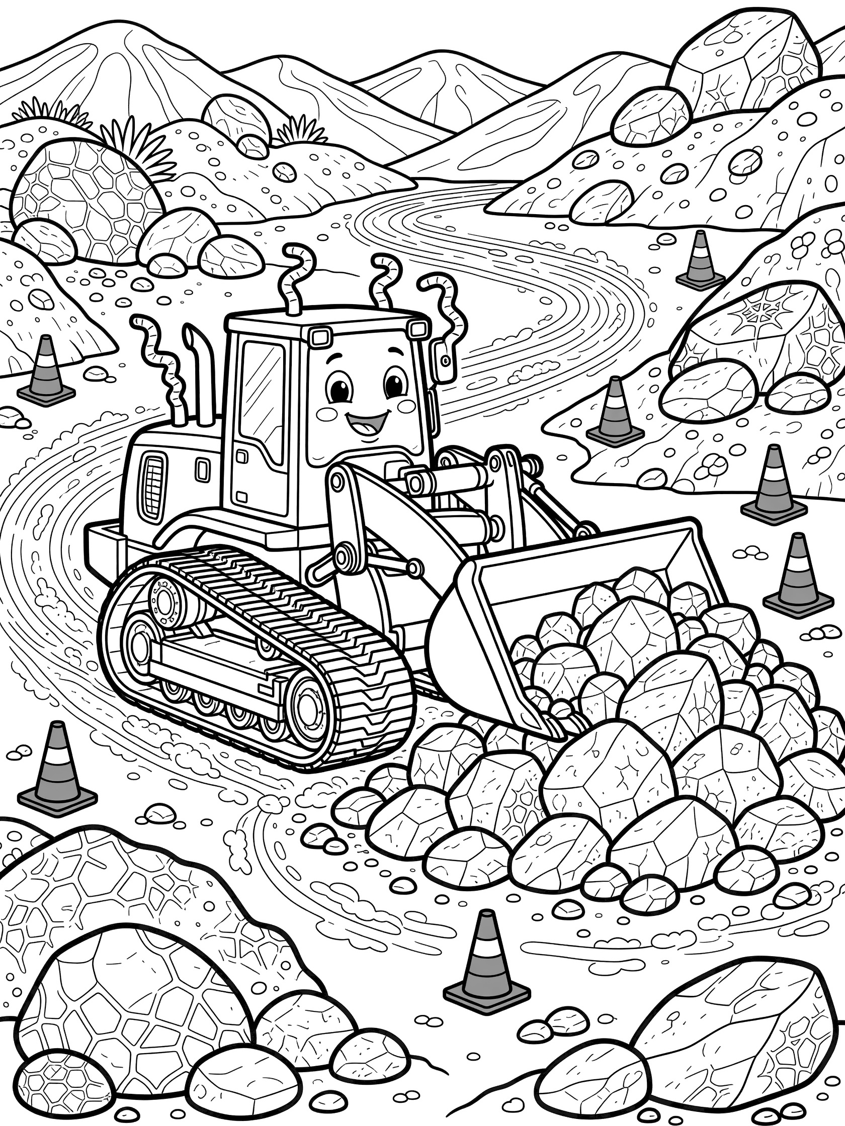 Whimsical black and white coloring page of a smiling track loader scooping jagged rocks with its bucket, surrounded by safety cones, dirt trails, boulders, and distant hills.