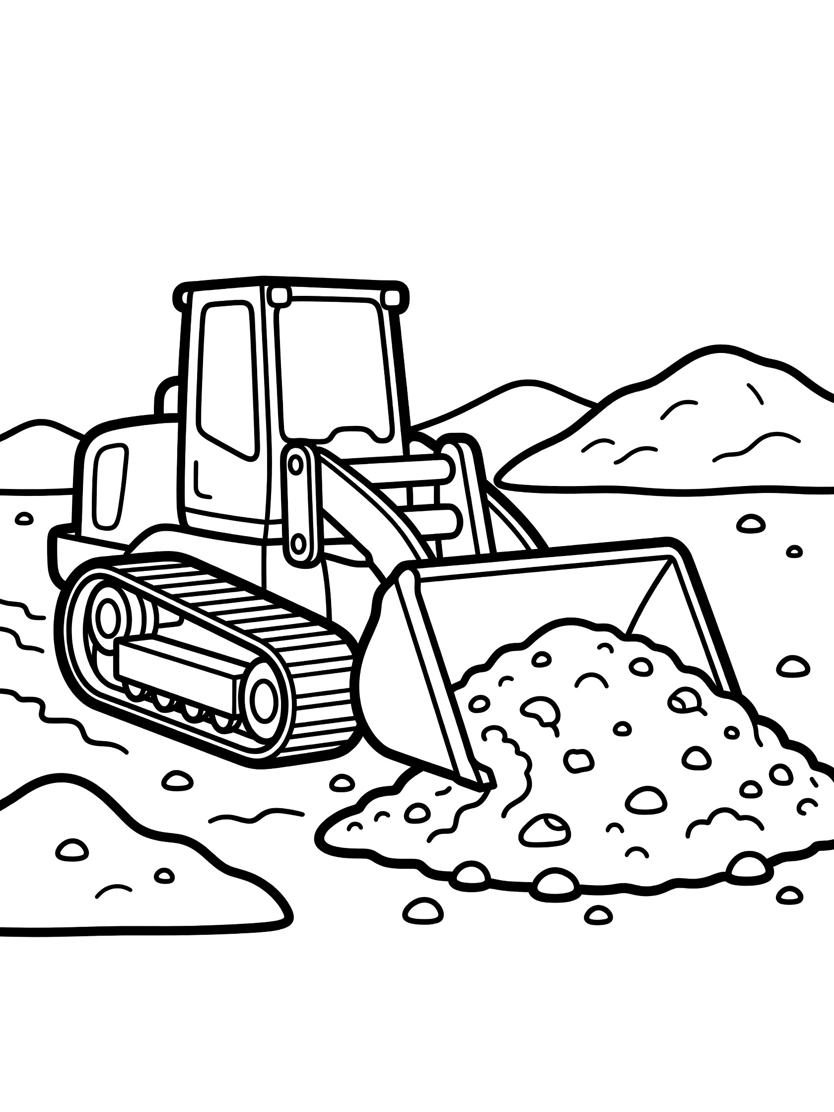 Black and white line art of a track loader digging up dirt and rocks with its front bucket on uneven ground at a construction site