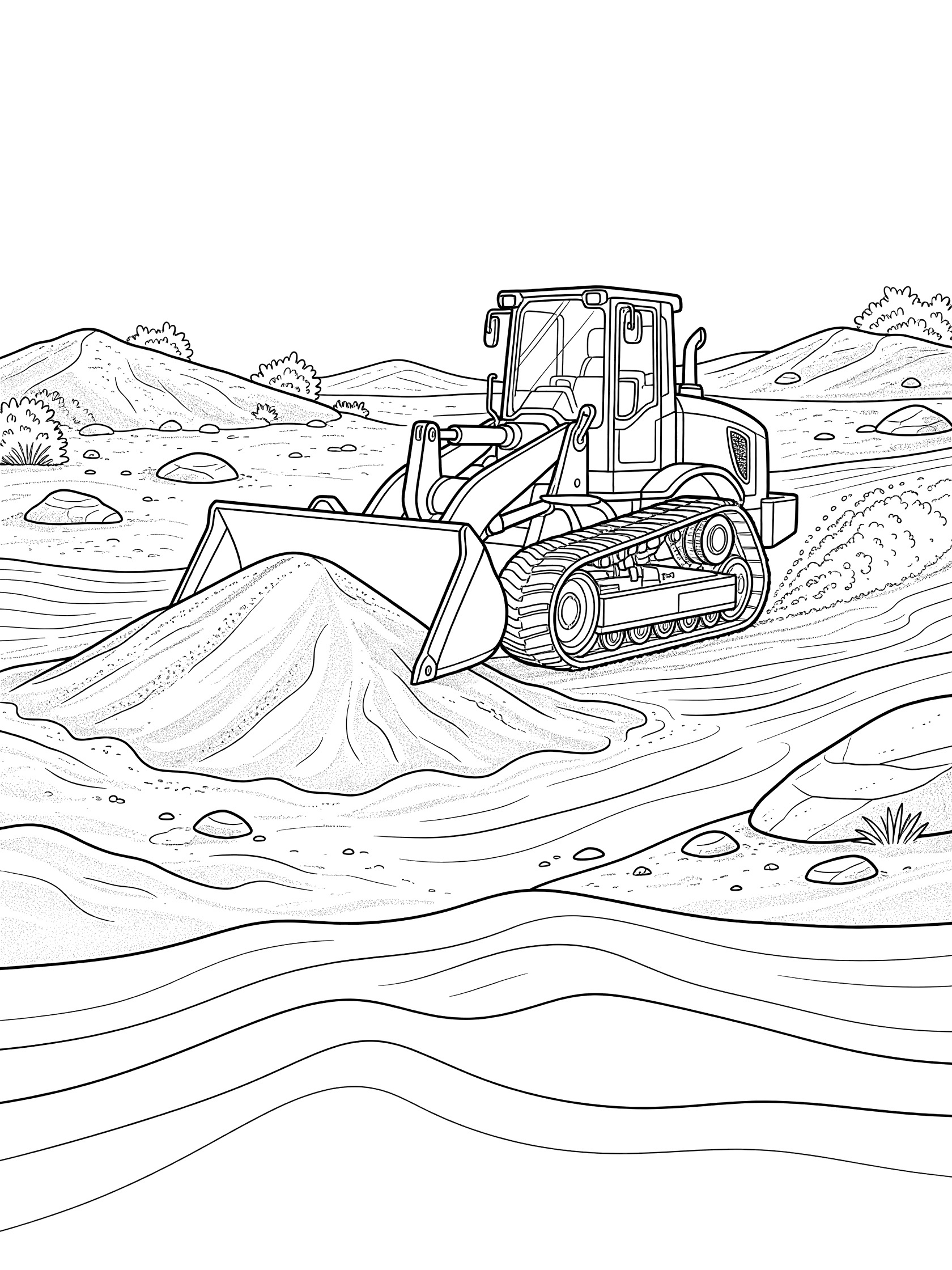 Detailed line art coloring page showing a track loader pushing a large sand pile with churning tracks, rocks, dirt mounds, and bushes in a construction yard.