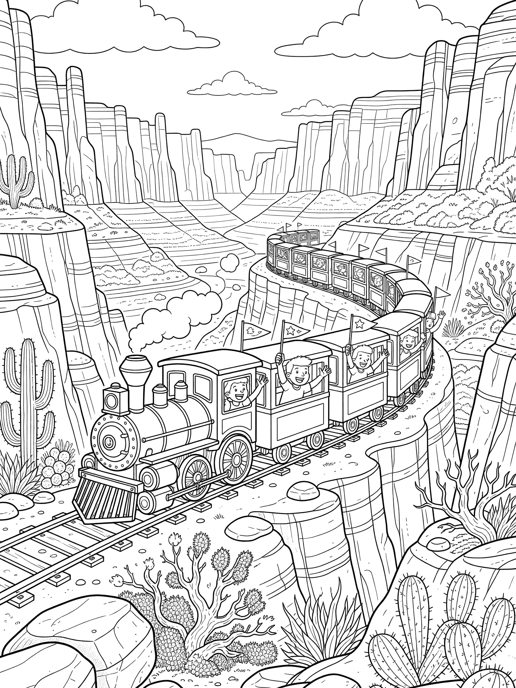 Black and white line art of a train curving along tracks through Copper Canyon, with steep red rock walls, spiky cacti, desert plants, boulders, and passengers in the train cars.