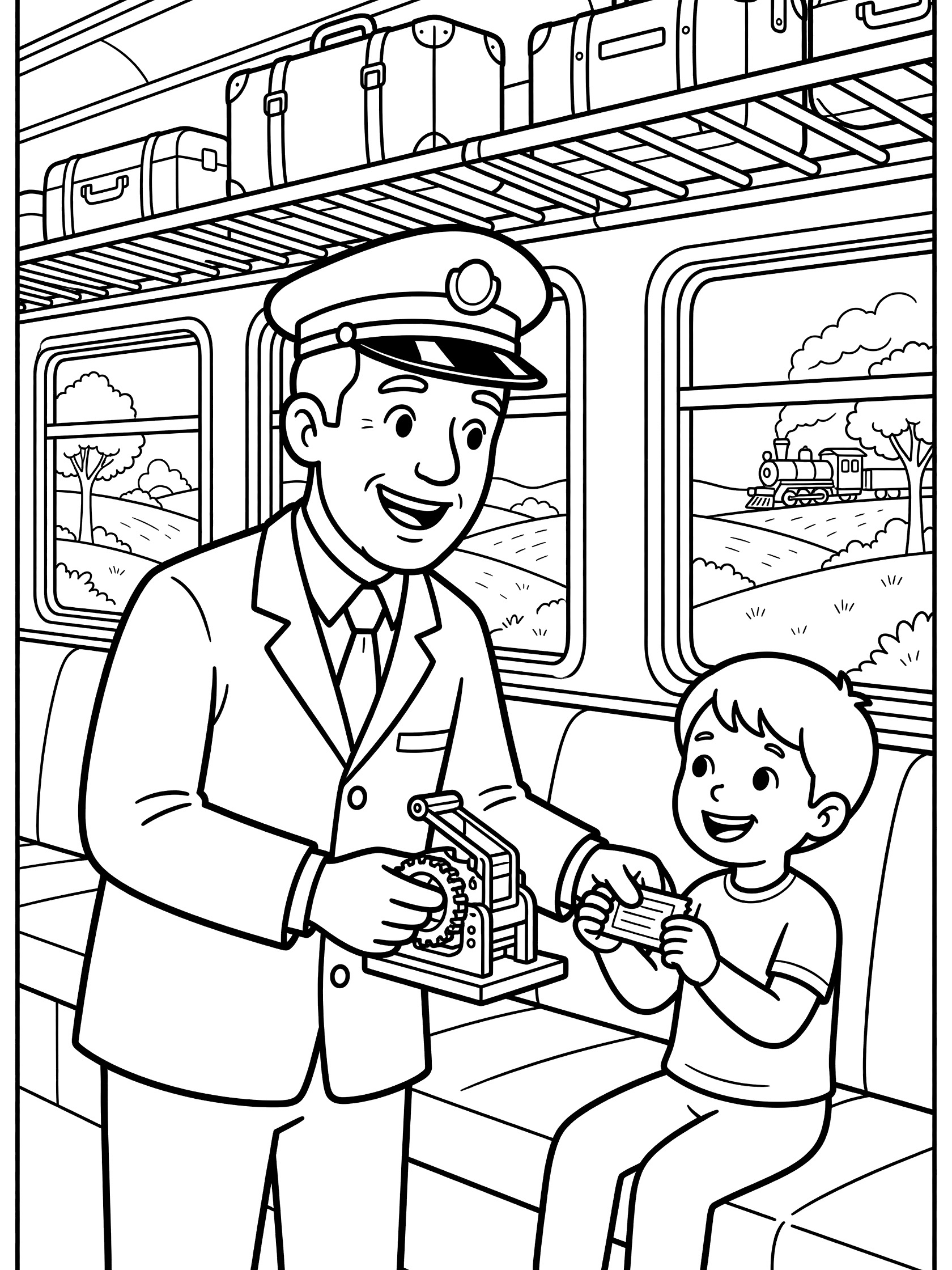 Black and white line art of cheerful train conductor in uniform holding ticket puncher while checking ticket from happy child passenger seated in train car, with luggage racks and scenery outside windows.