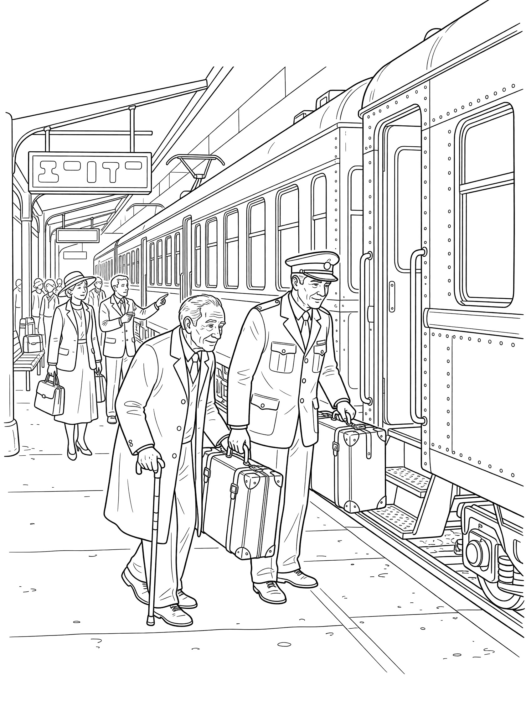 Black and white line art of a kind train conductor in uniform carrying a suitcase for an elderly man with cane boarding a train, with other passengers and station signs.