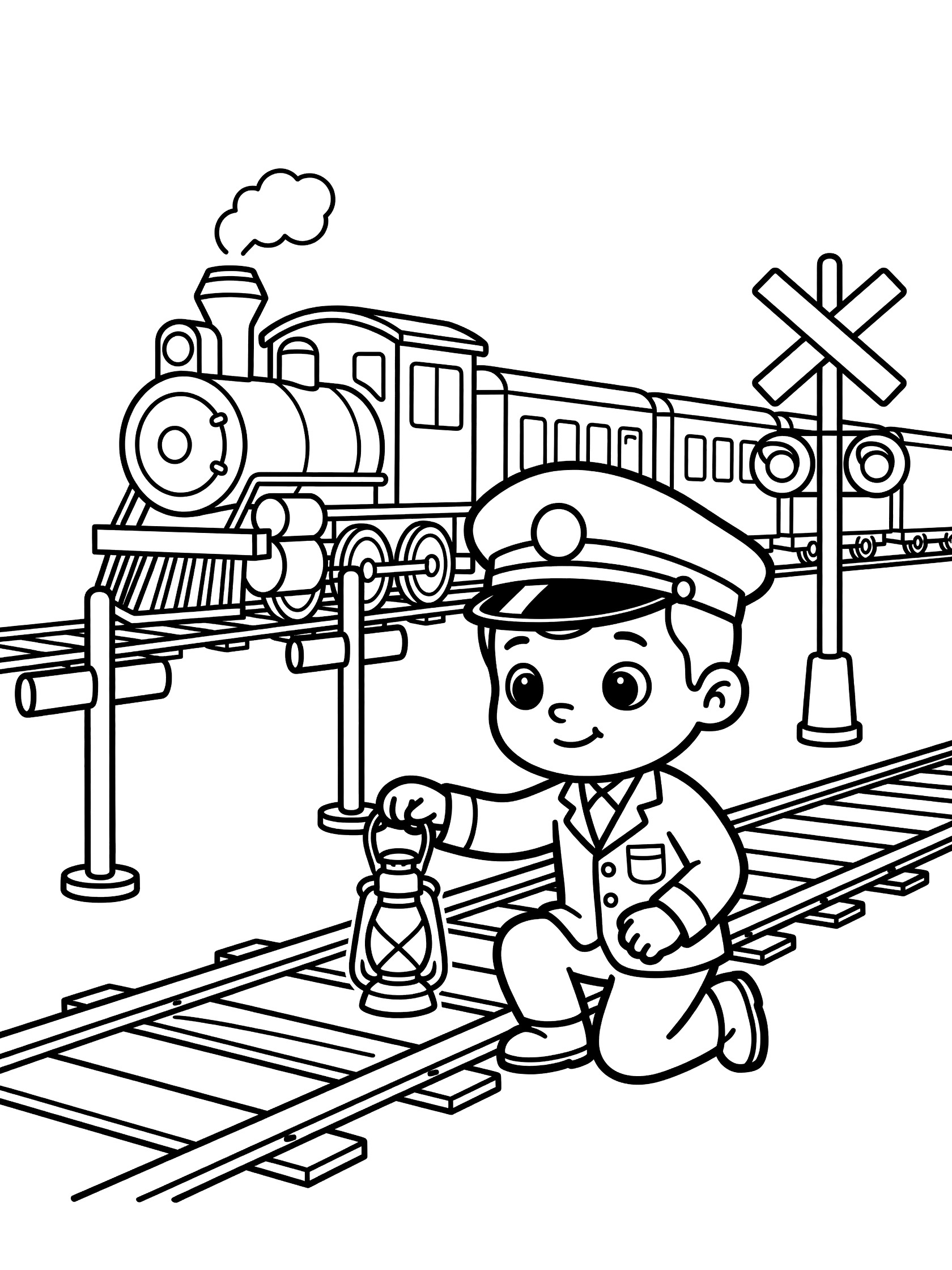 Black and white line art of a train conductor using a lantern to check tracks near a railroad crossing as a train comes closer