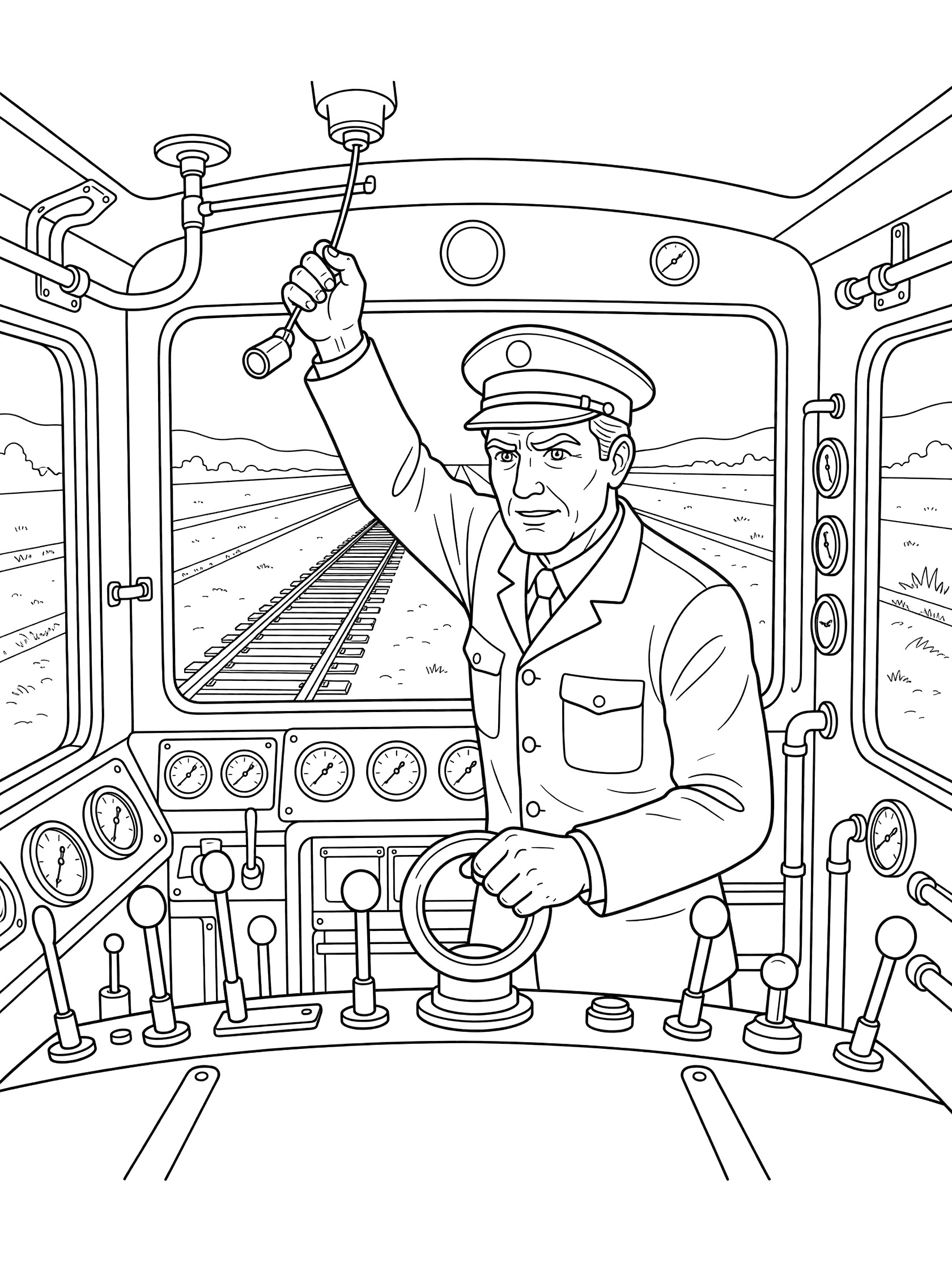 Black and white line art of a train conductor in the cab, pulling the whistle cord with one hand while holding the controls with the other, surrounded by gauges, levers, and a window view of the tracks.