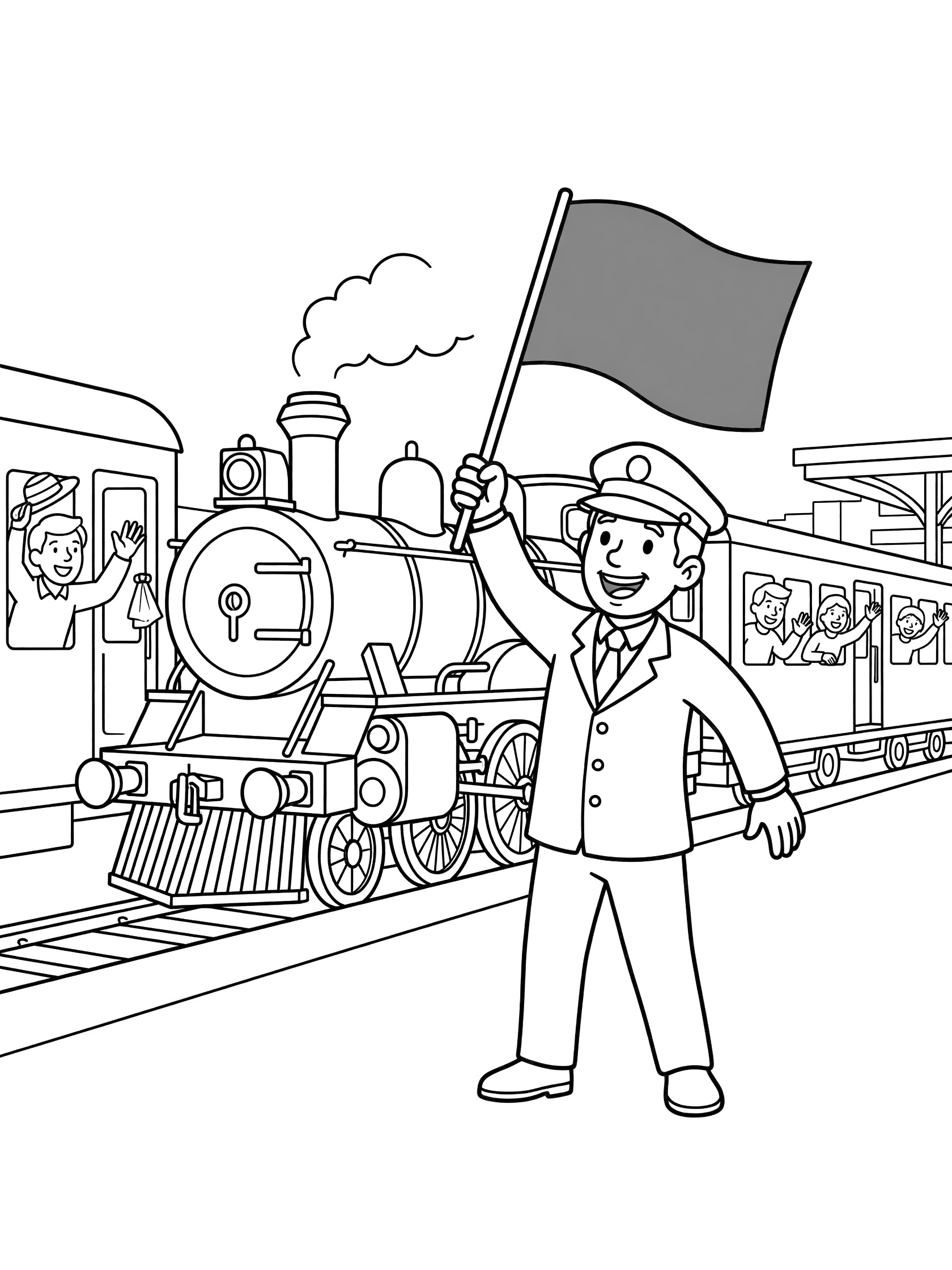 Black and white line art coloring page of a smiling train conductor in uniform waving a flag to signal the steam train departure while passengers wave goodbye from open doors.