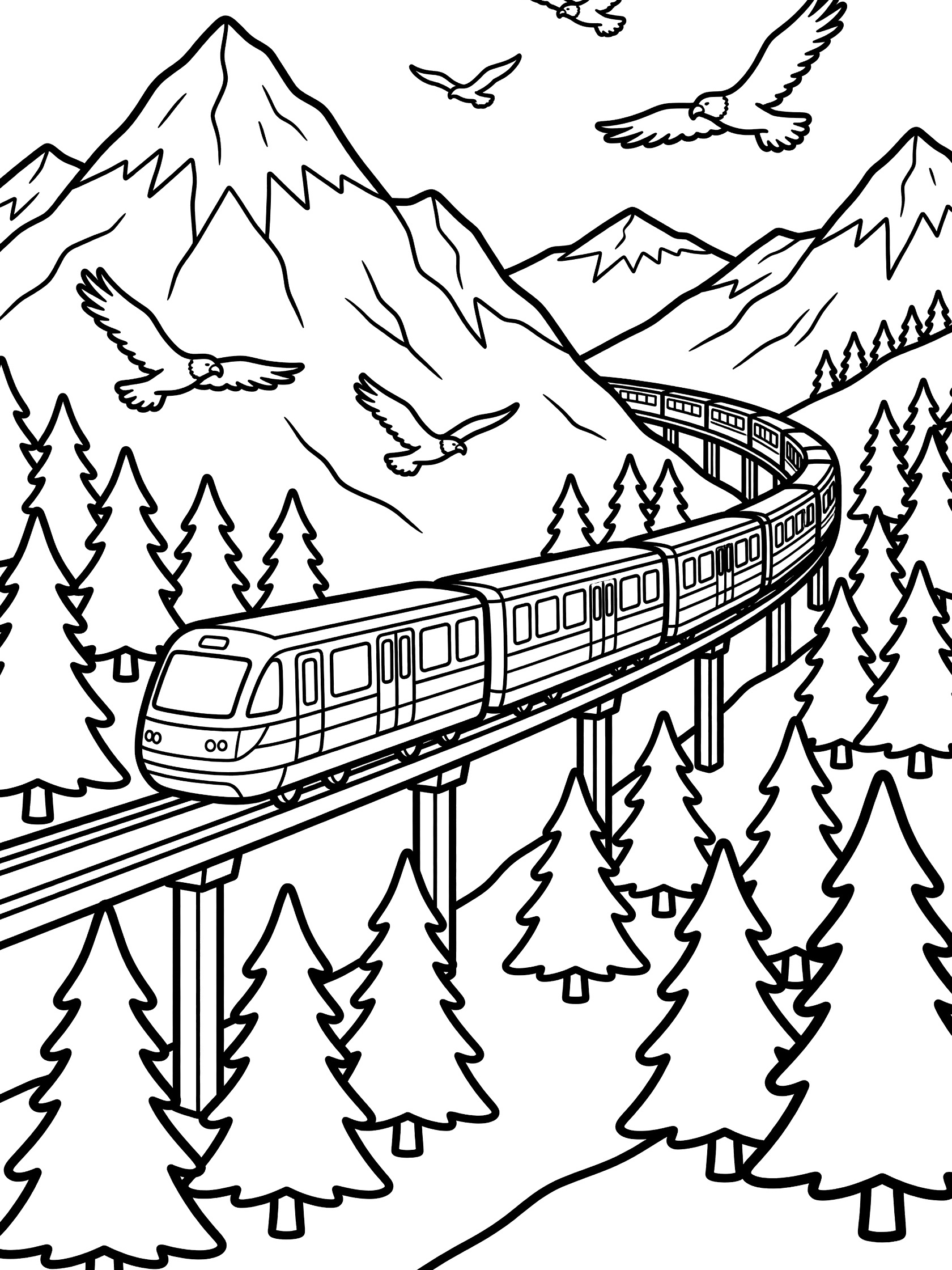 Black and white line art of a train on a bridge over a mountain pass with pine trees, tall snowy mountains, and eagles flying nearby. Monorail themed black and white printable line art