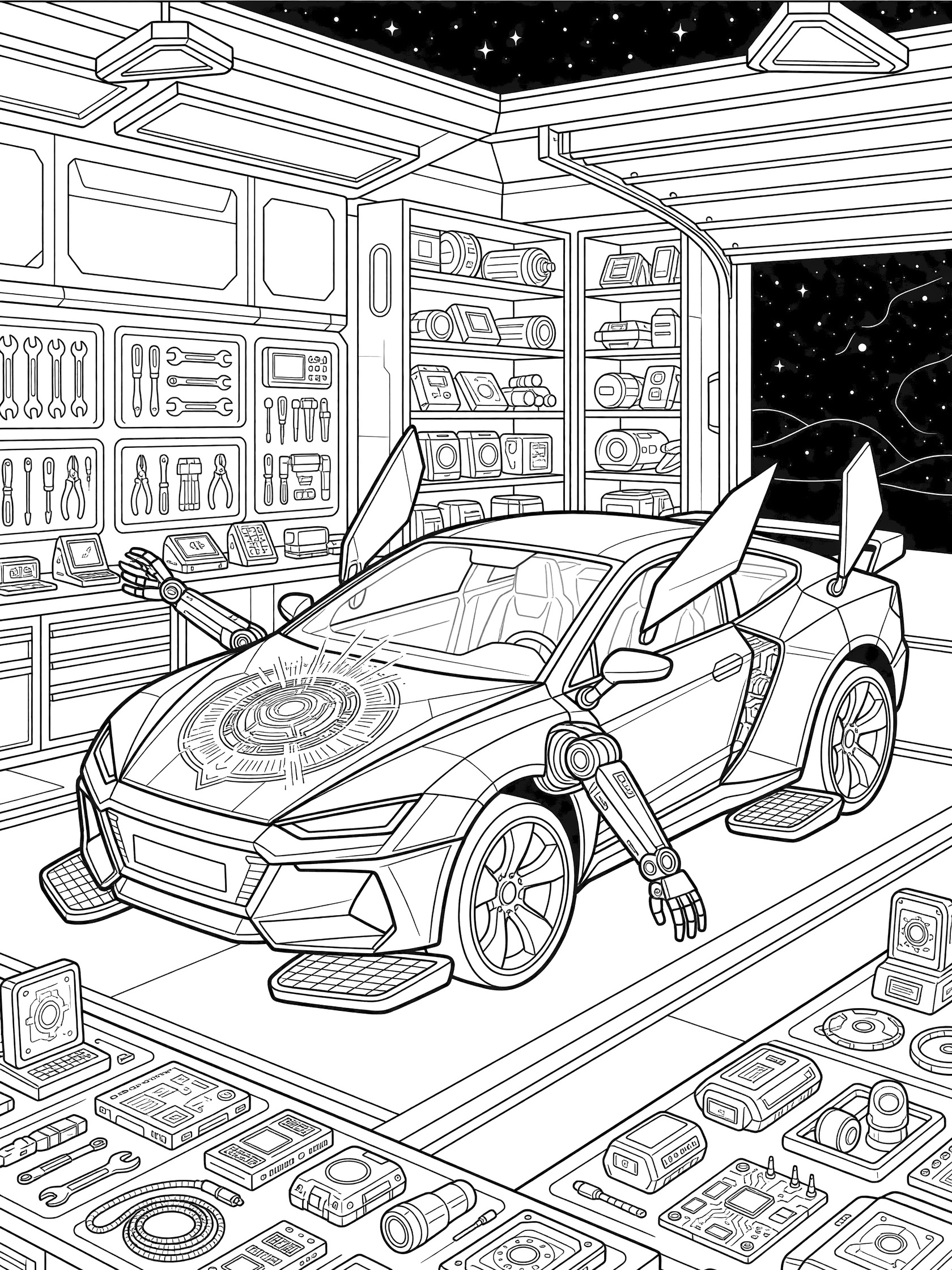 Line art coloring page of a futuristic car mid-transformation into a robot in a detailed garage with workbench, shelves, and open door to stars.