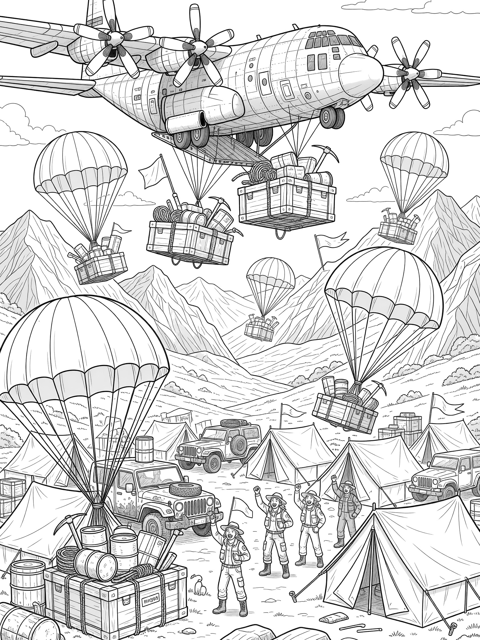 Black and white line art of a transport plane with open ramp airdropping parachuted supply crates to explorers in a mountain valley base camp.