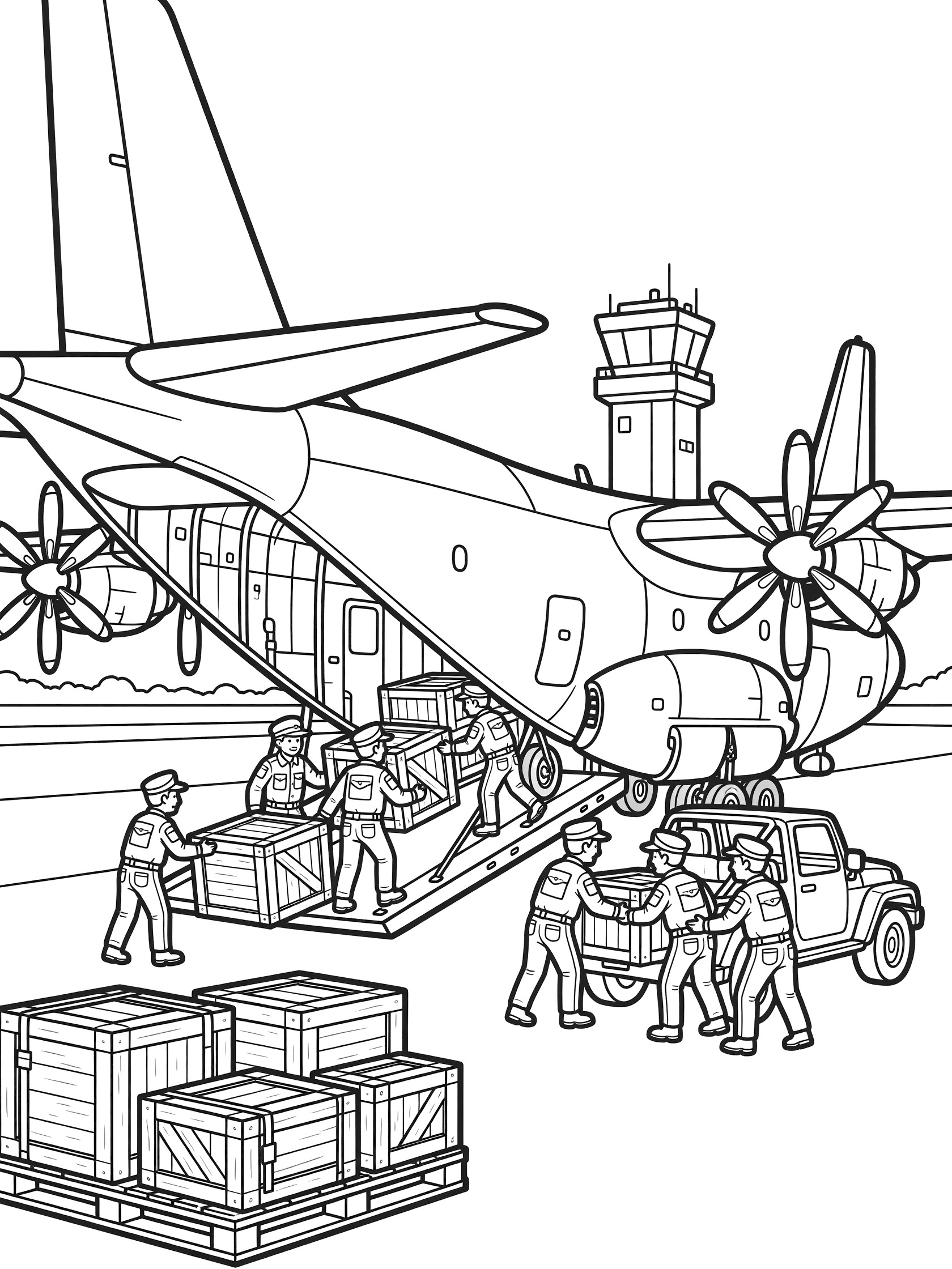 Black and white line art of a transport plane with lowered ramp as uniformed crew push wooden crates and a jeep up the ramp on a sunny runway with control tower in background.