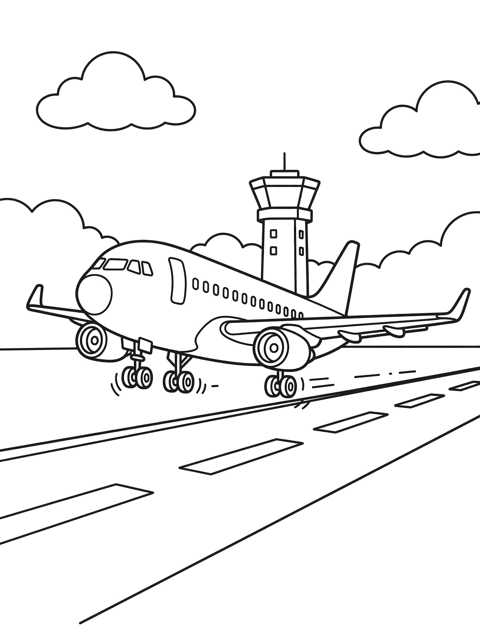 Whimsical line art coloring page showing a transport plane on runway takeoff with wheels rolling fast, wings tilting up, control tower, fluffy clouds, and striped tarmac.