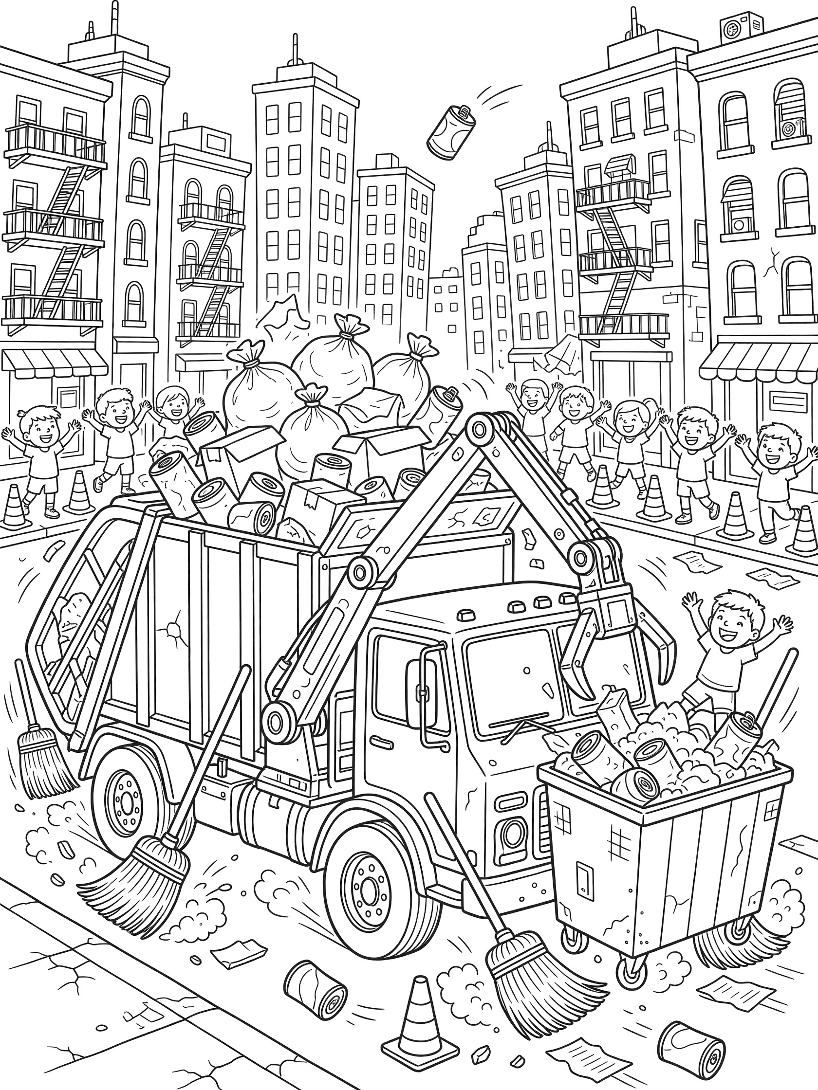Doodle-style coloring page of a big trash truck compacting trash bags and cans on a littered city street, robotic arm grabbing dumpster, broom wheels sweeping, kids watching from sidewalk with skyscrapers