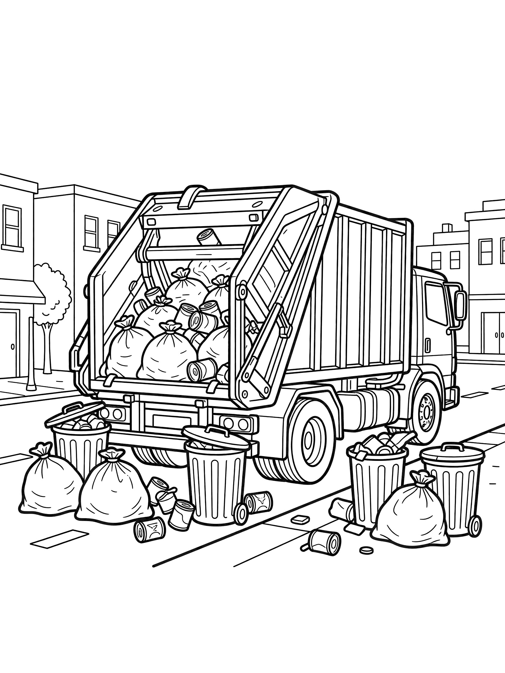Line art coloring page showing a trash truck with open rear hopper squeezing trash bags and cans against the compactor walls, surrounded by overflowing bins on a city sidewalk